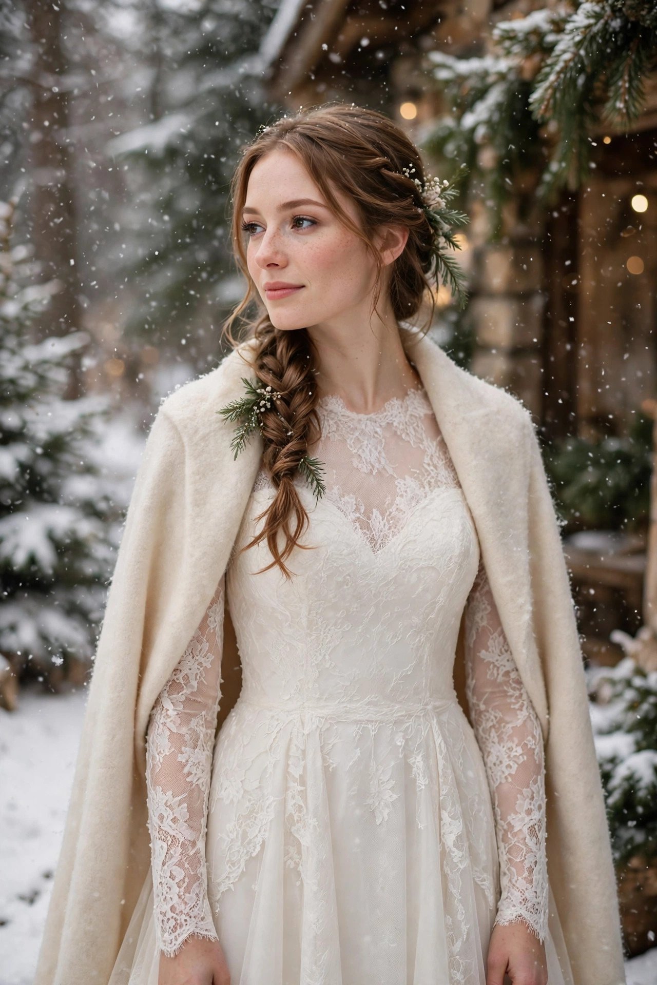 Bride in a long-sleeve winter wedding dress standing in falling snow
