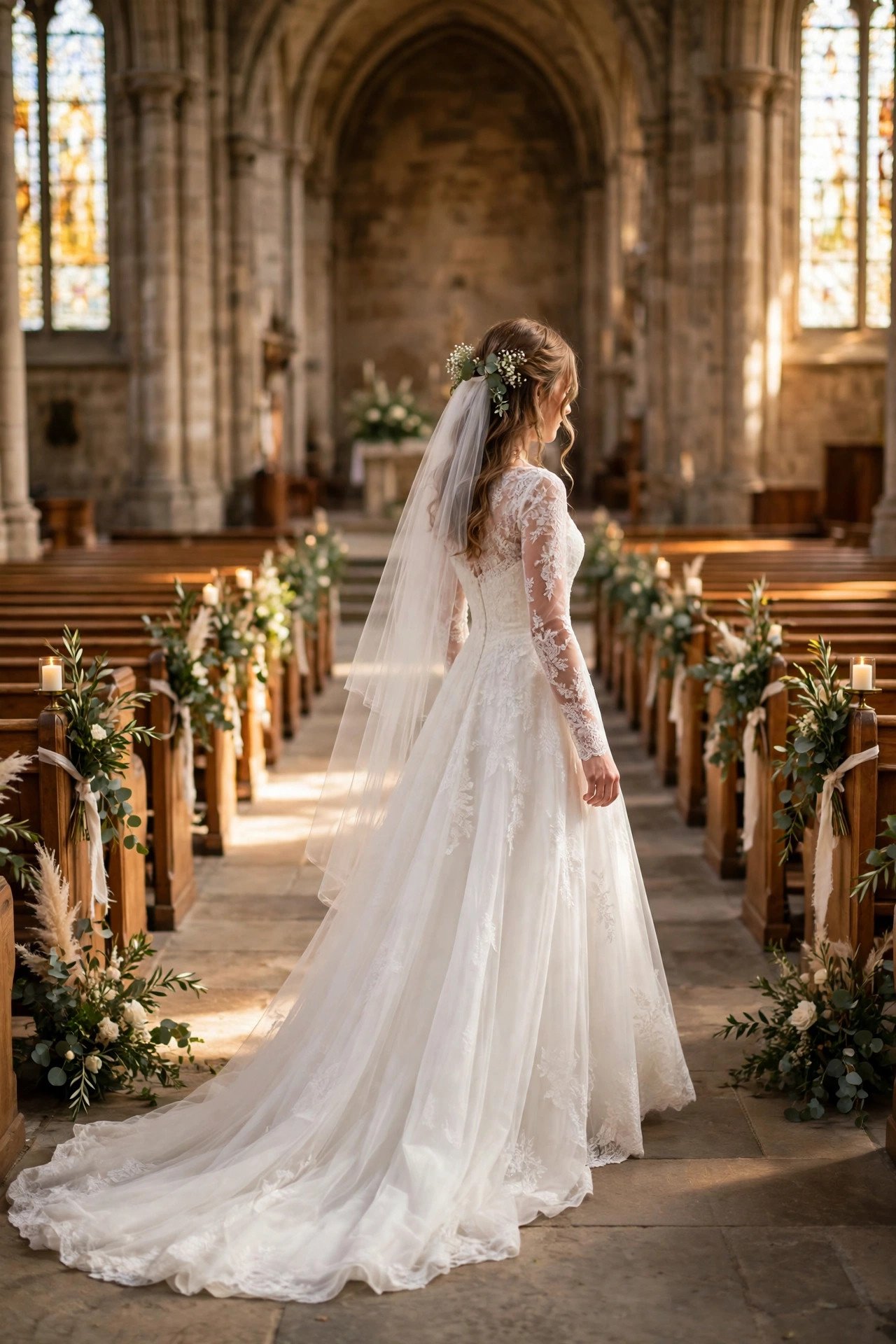 Bride in a cathedral train A-line dress with lace sleeves walking a cathedral aisle