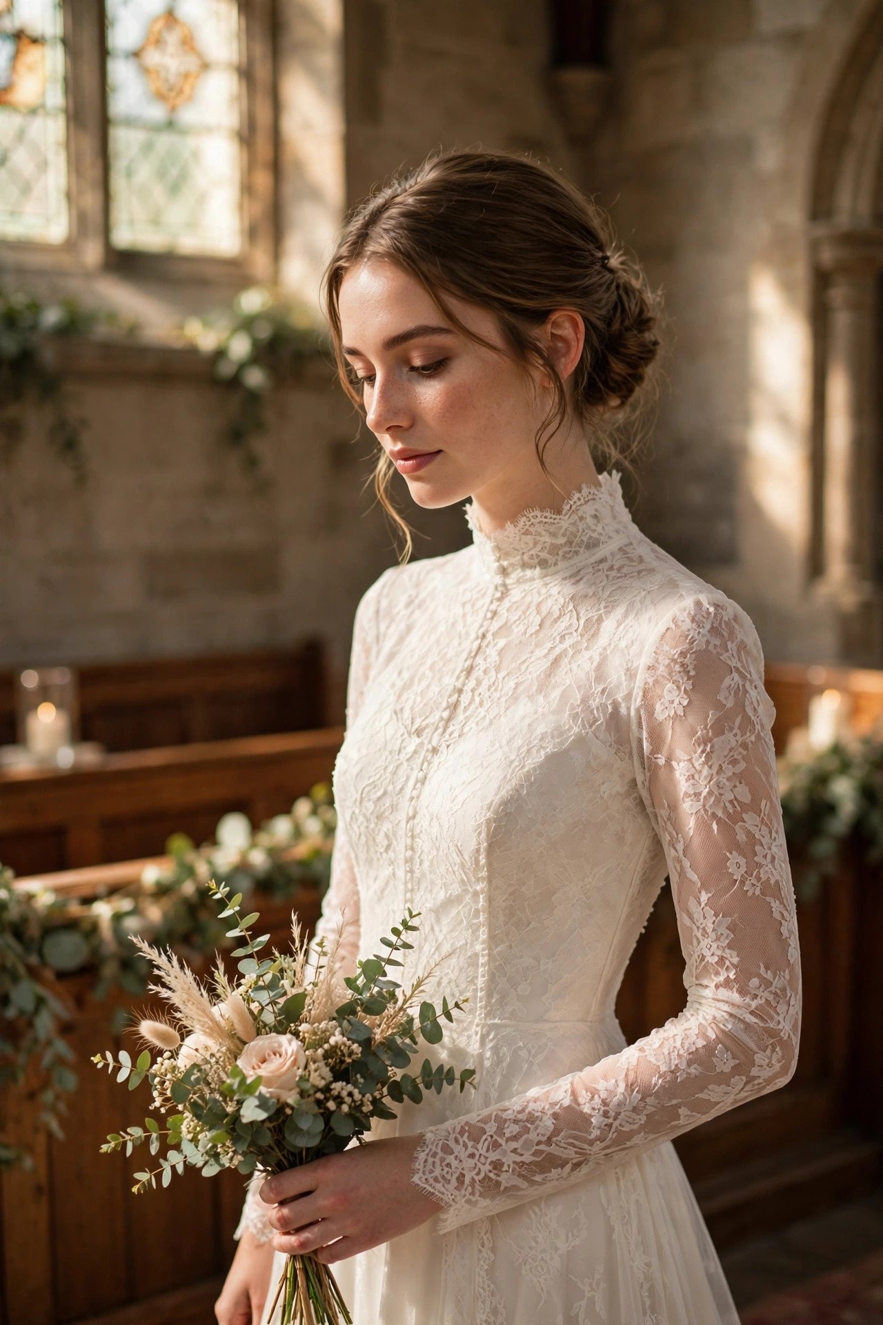 Bride in a high-neck long-sleeve lace church dress