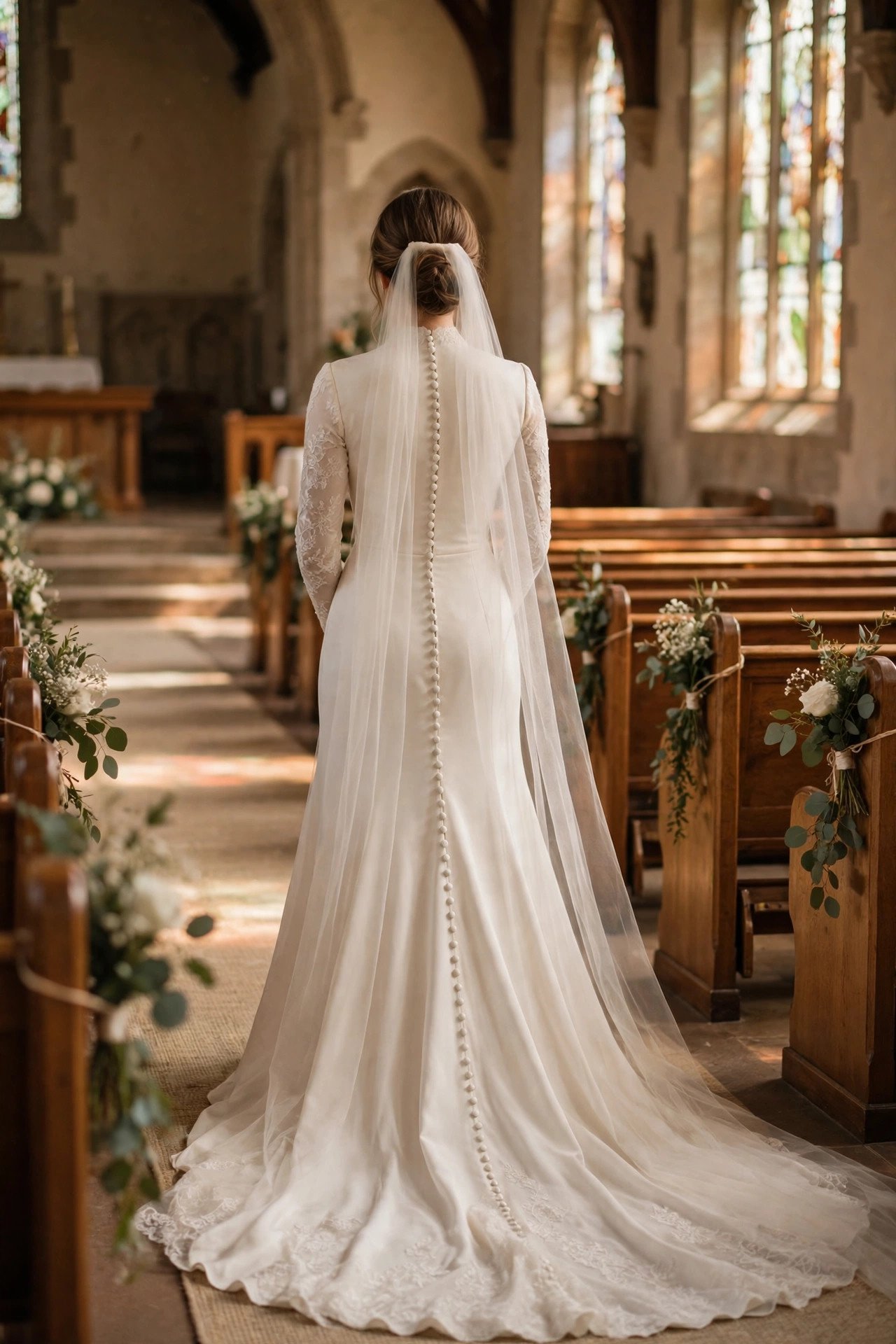 Bride in a long train church dress with covered buttons viewed from behind