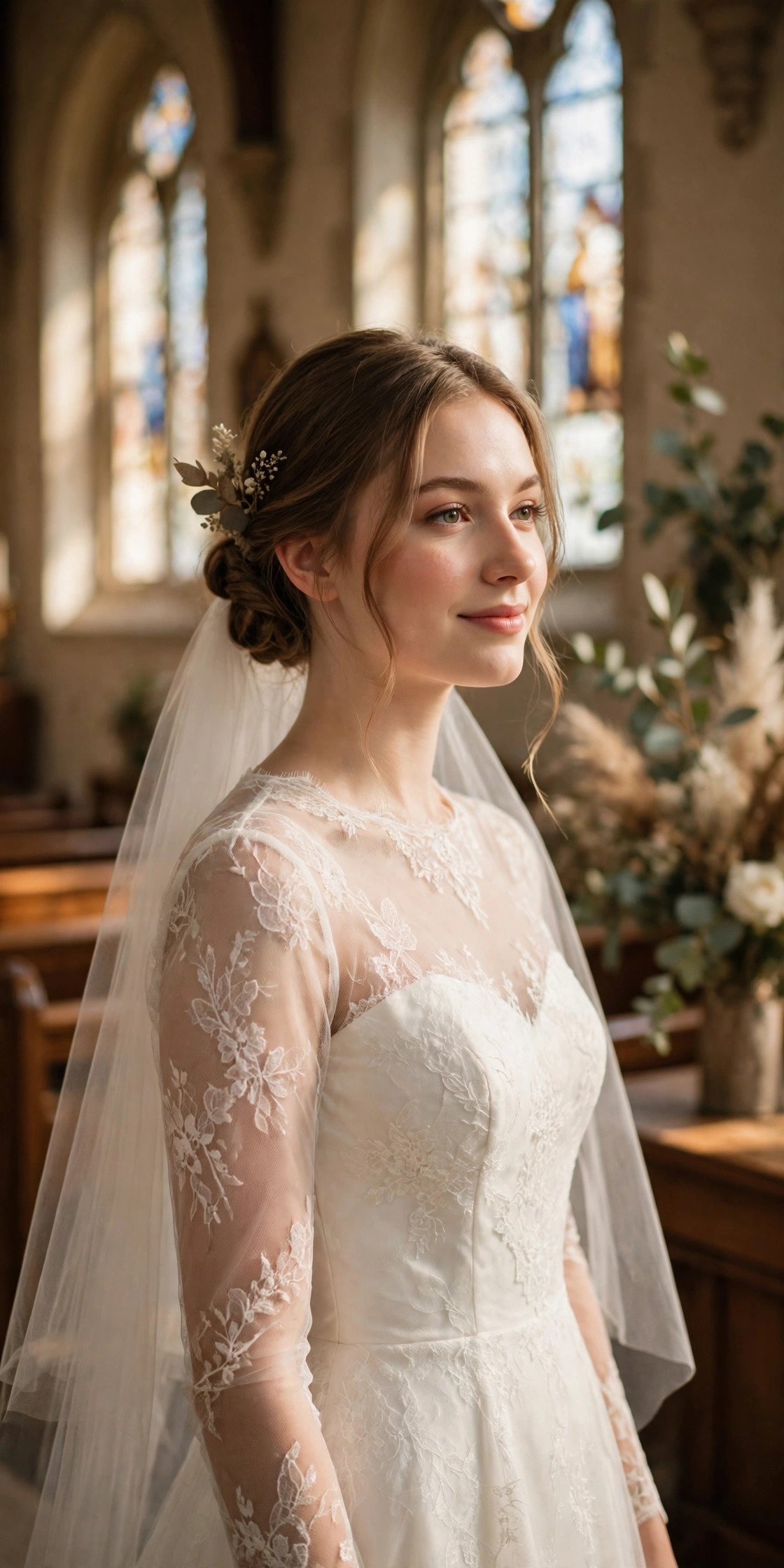 Bride in a church dress with sheer sleeves and a modest bodice