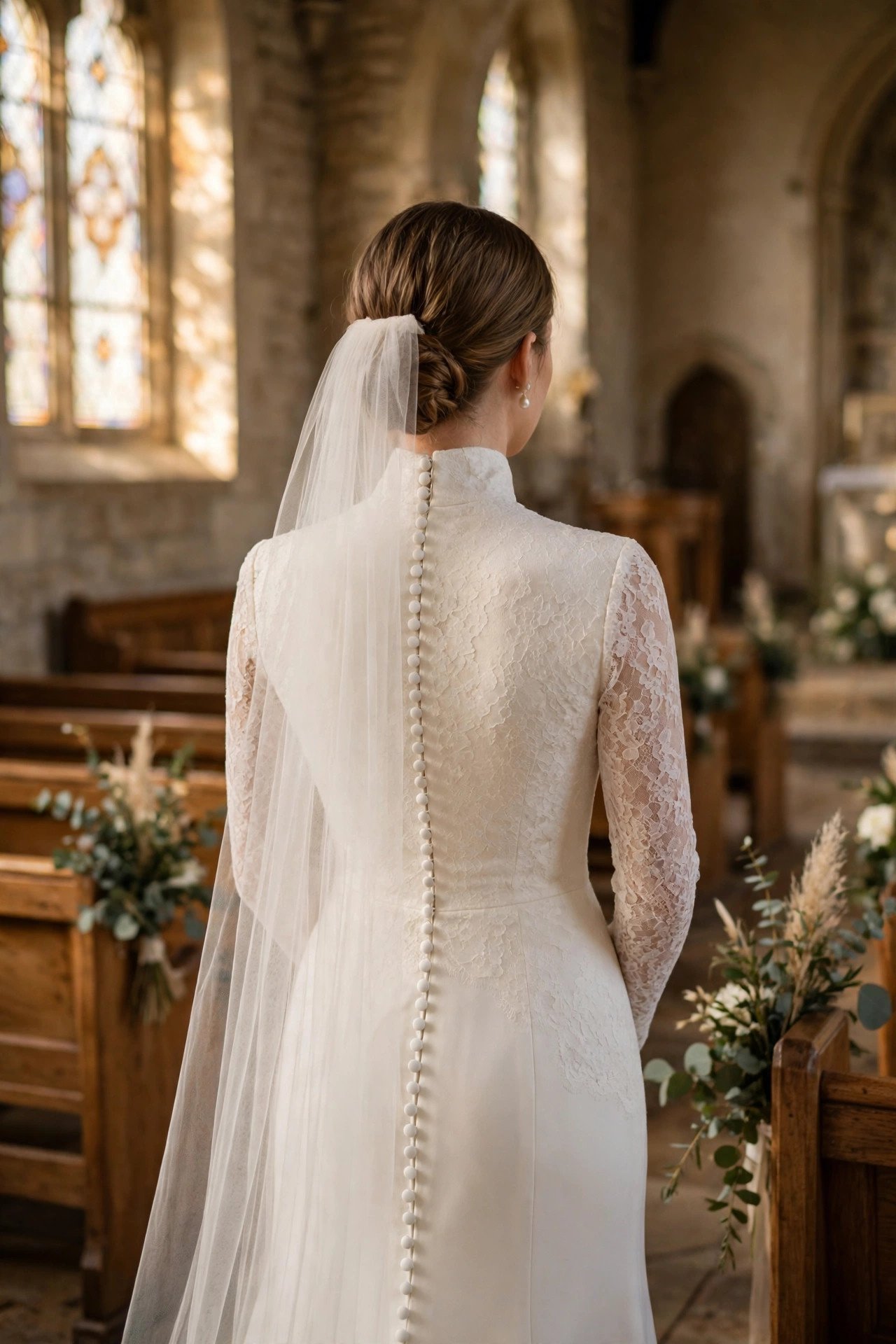 Bride in a church dress with a high buttoned back