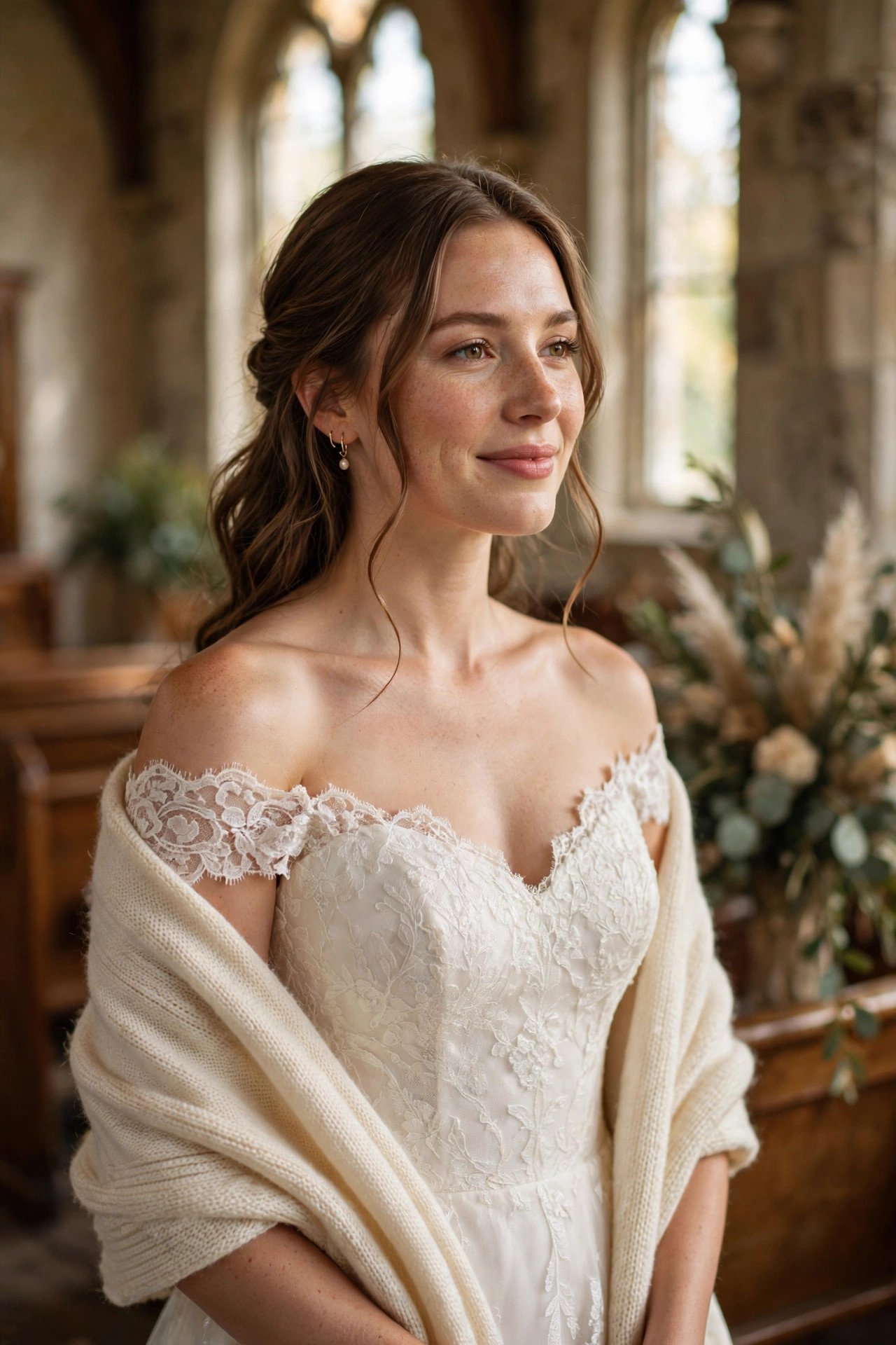 Bride in an off-shoulder church dress with an elegant wrap over her shoulders