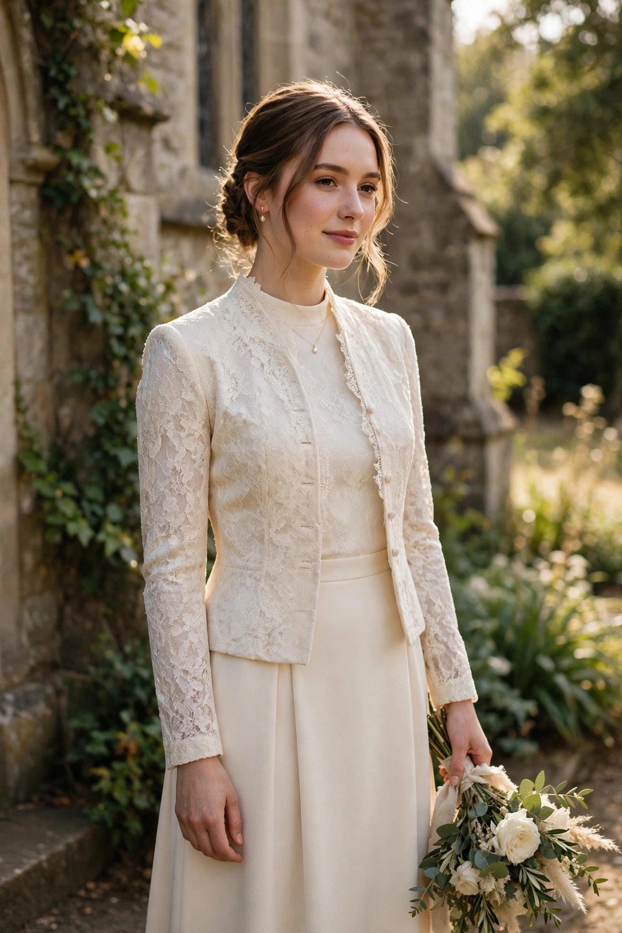 Bride in a two-piece church outfit with a fitted lace jacket