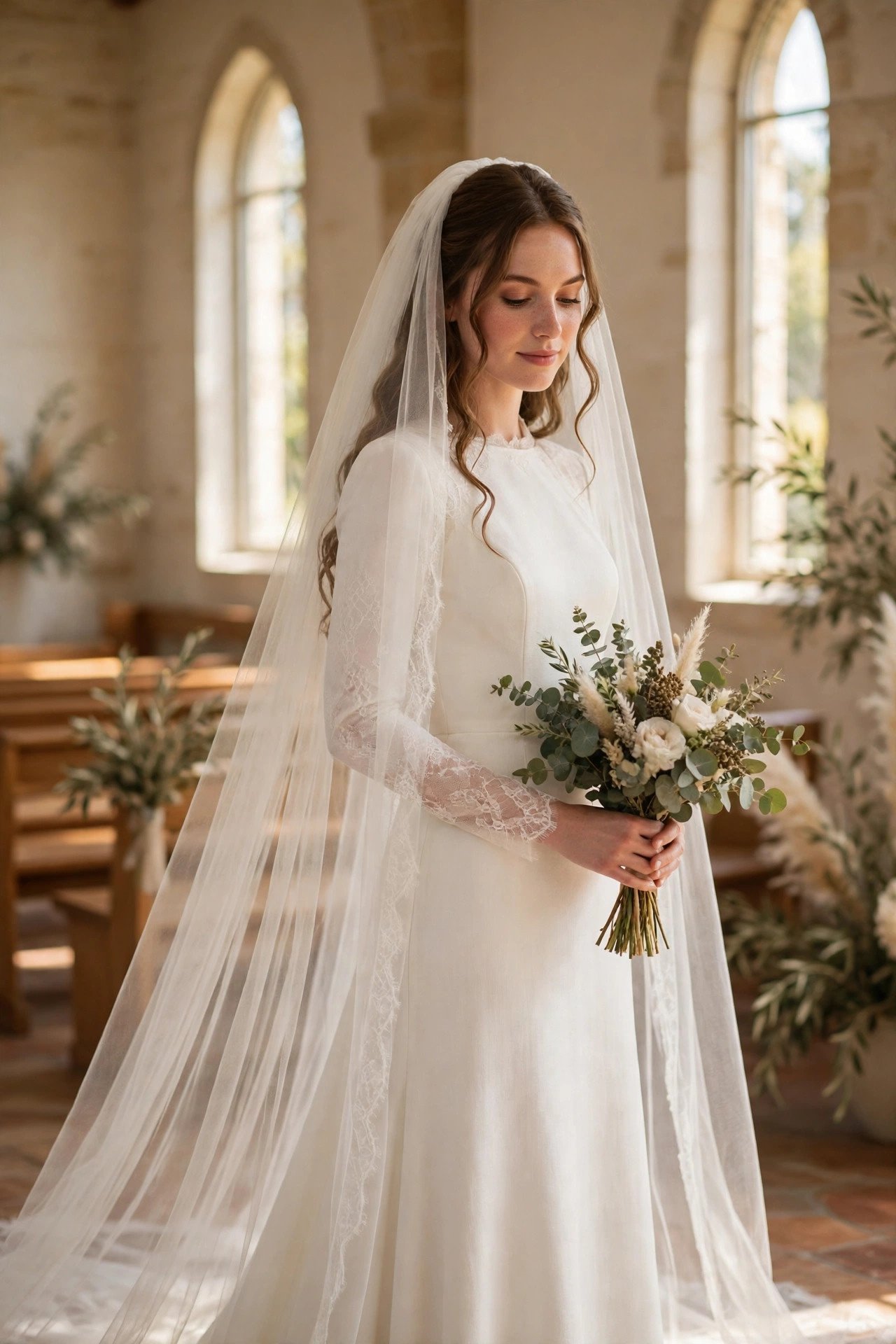 Bride in a clean modern church dress with a long cathedral veil