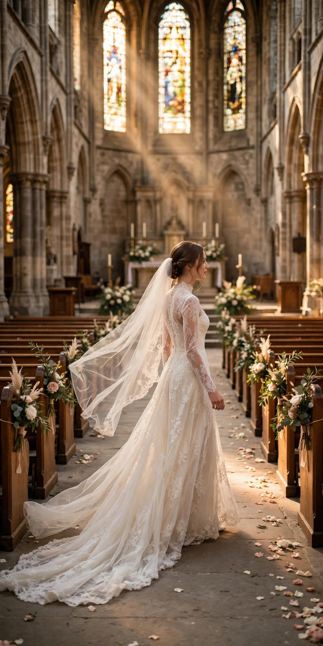 Bride in an elegant church wedding dress with a long train in a cathedral aisle