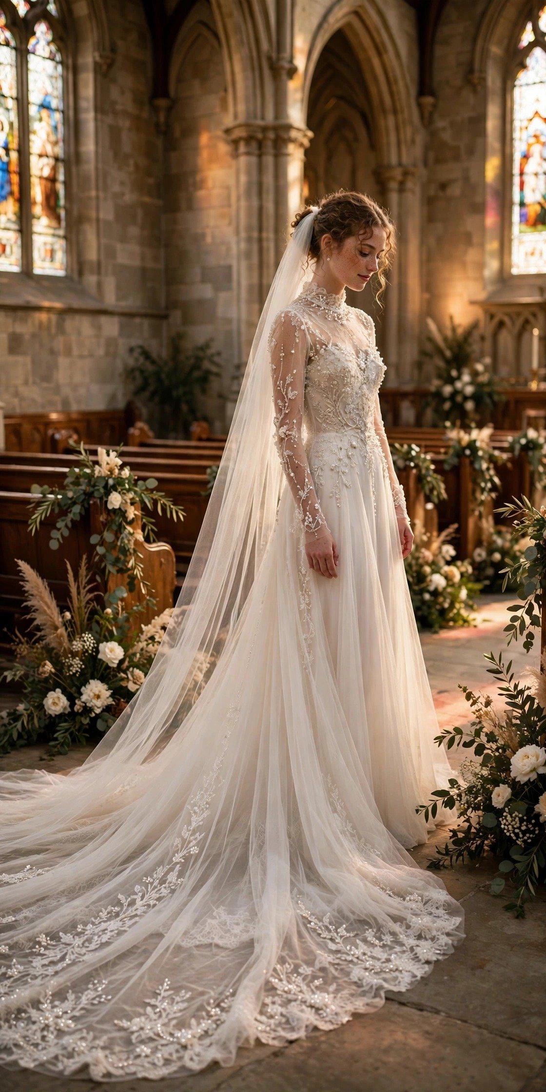 Beaded Bodice Gown With Sheer Long Sleeves and a Cathedral Train — modest church wedding dresses idea for a 2027 wedding