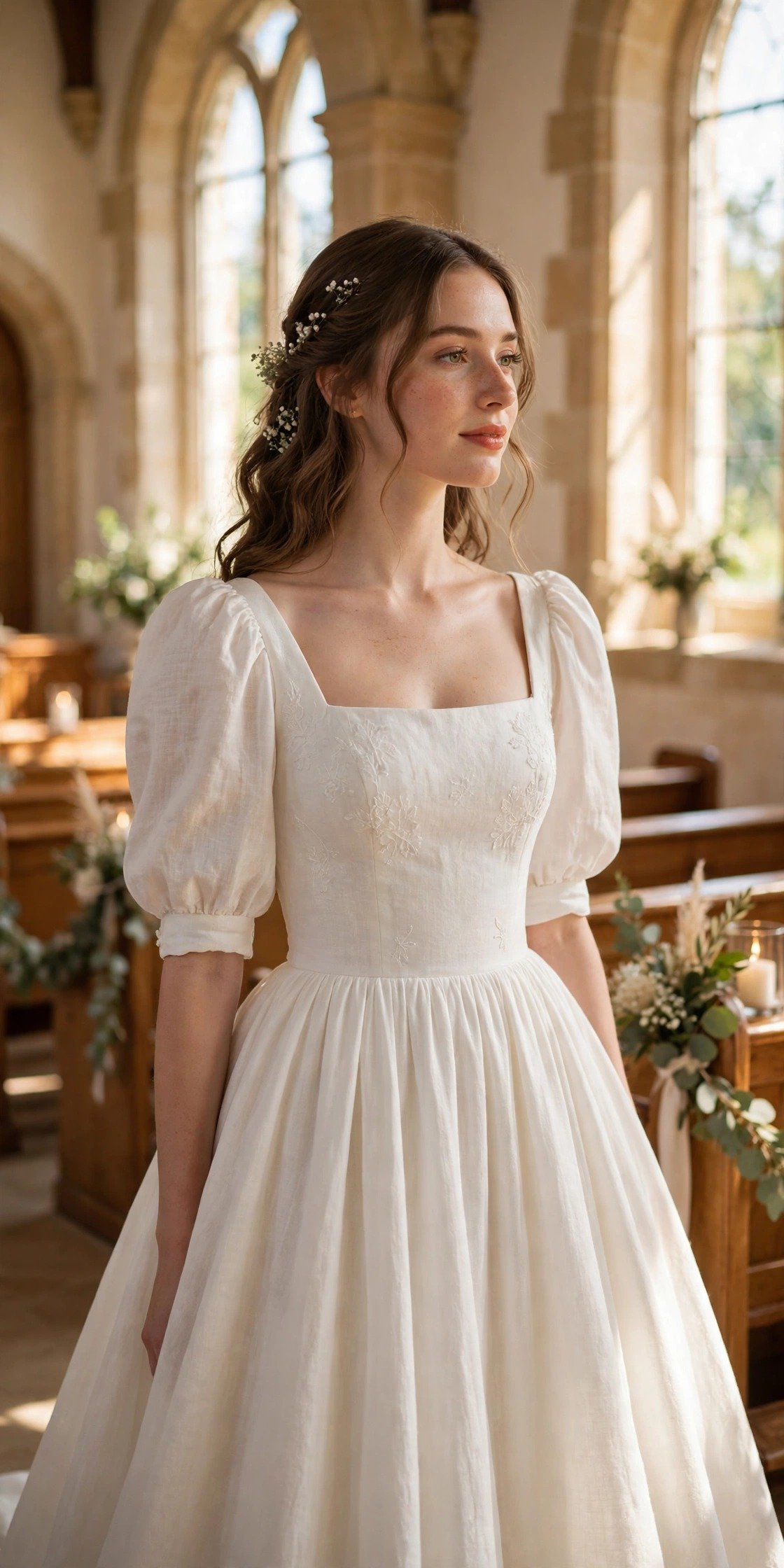 Square-Neck Gown With Puff Sleeves and a Full Skirt — modest church wedding dresses idea for a 2027 wedding