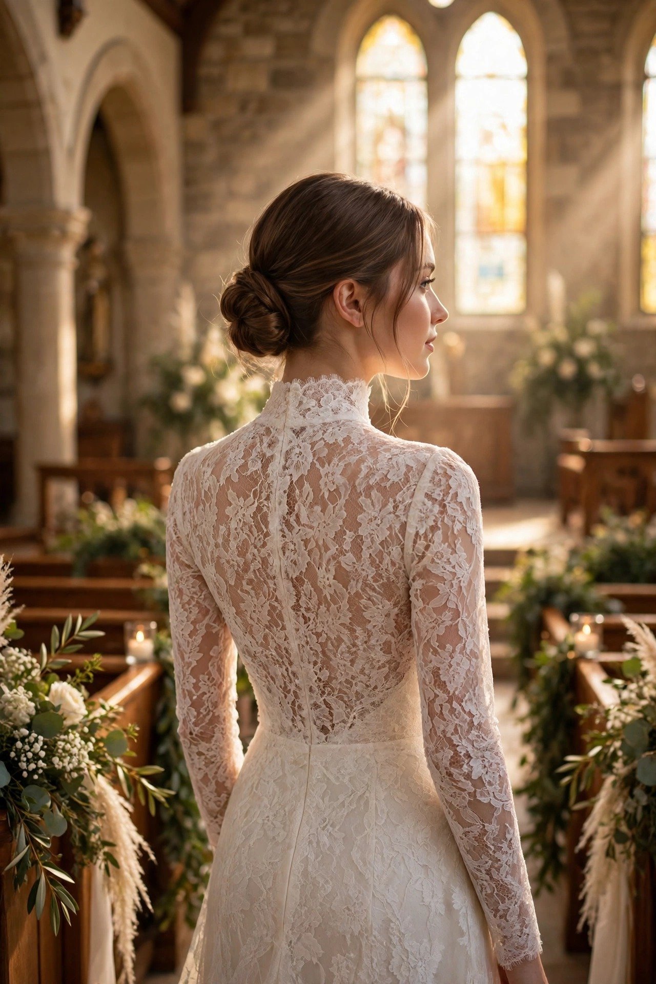 Mock-Neck Lace Gown With a Keyhole-Free Covered Back — modest church wedding dresses idea for a 2027 wedding