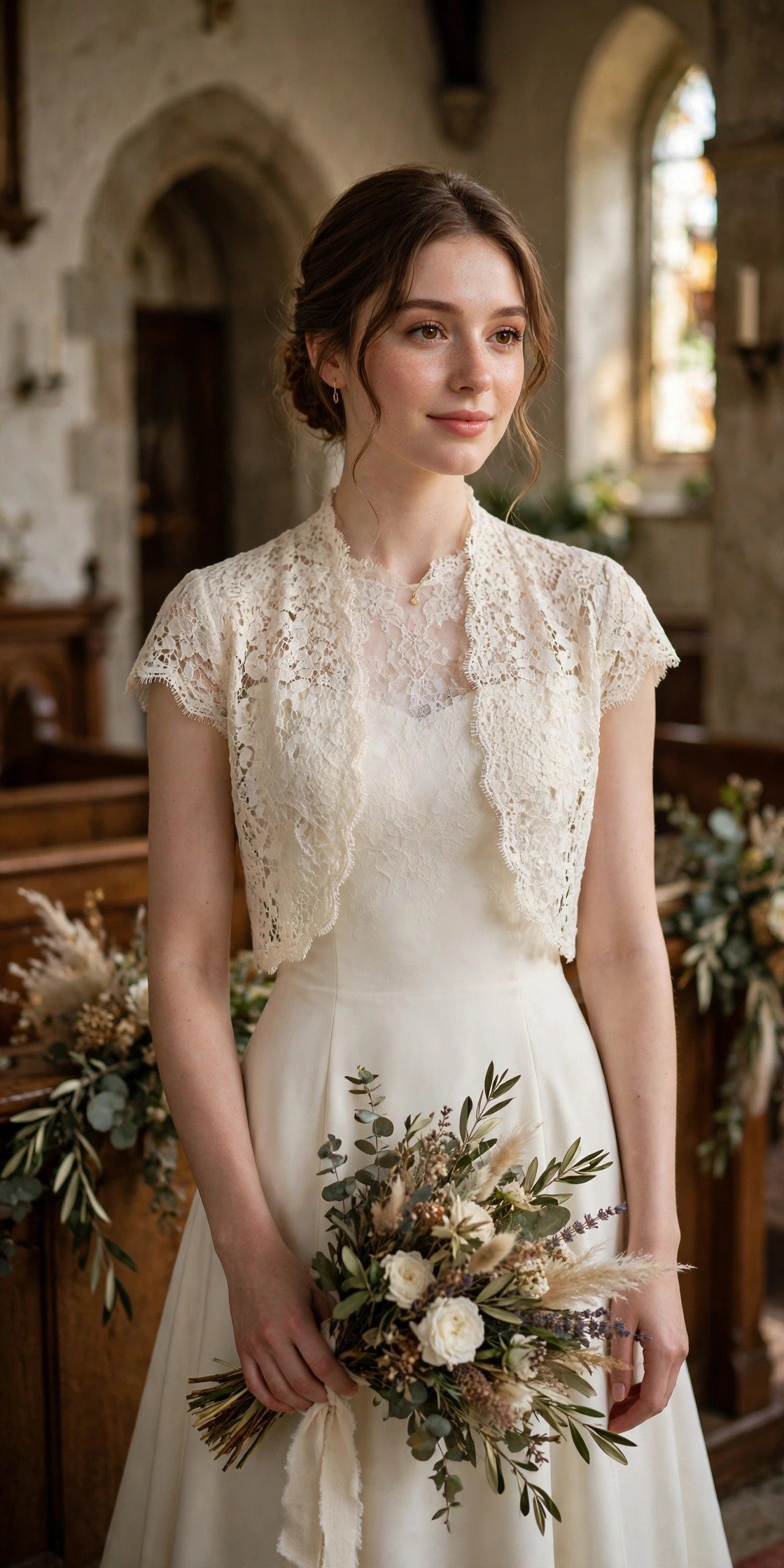 Cap-Sleeve-Plus-Bolero Two-Piece Ceremony Look — modest church wedding dresses idea for a 2027 wedding