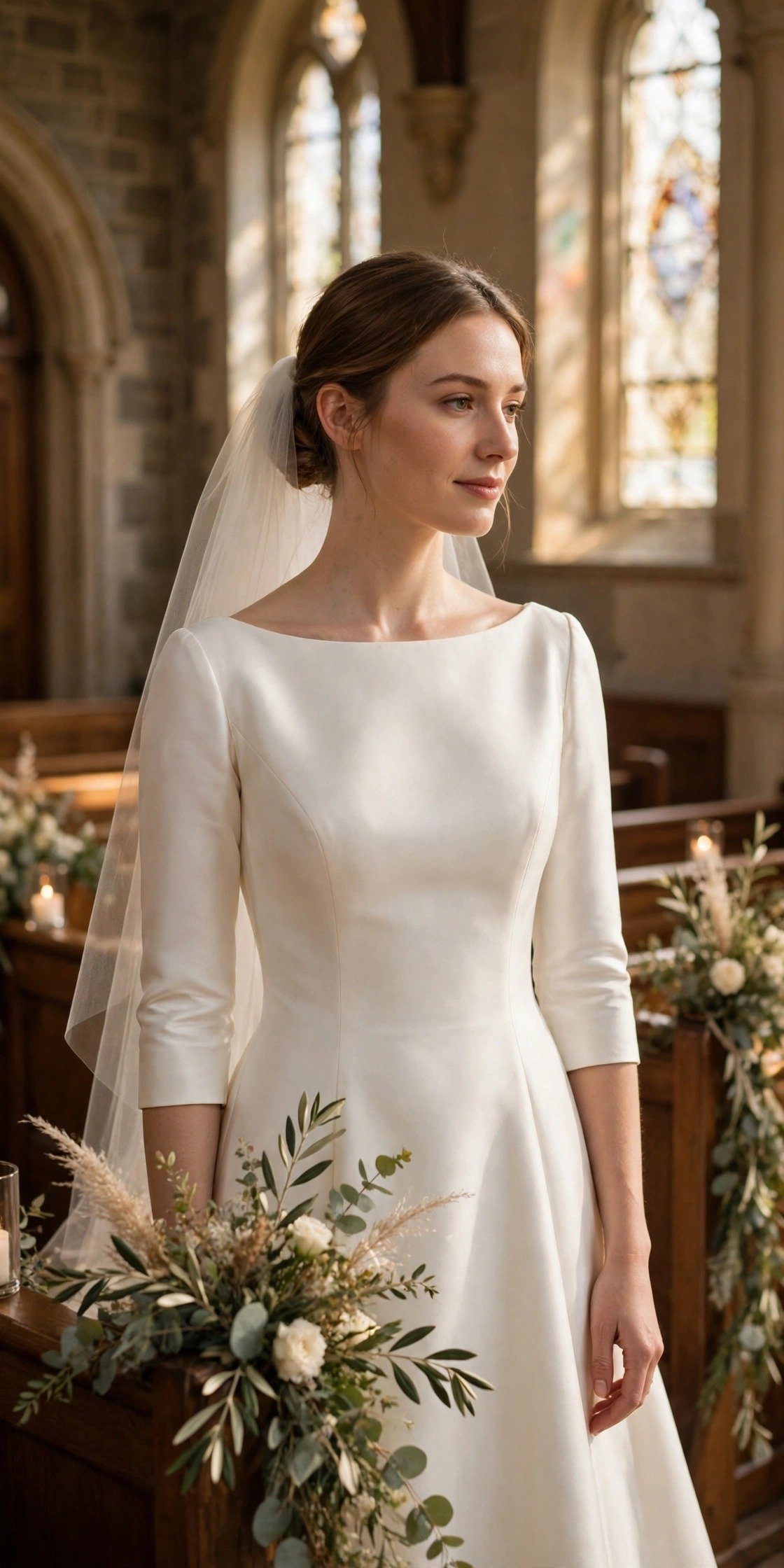 Boat-Neck Mikado Gown With Elbow Sleeves — modest church wedding dresses idea for a 2027 wedding