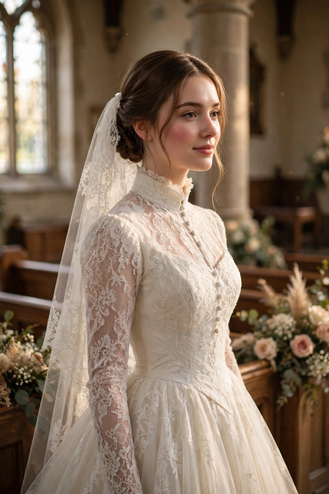 High-Collar Victorian-Inspired Gown With Lace Sleeves — modest church wedding dresses idea for a 2027 wedding