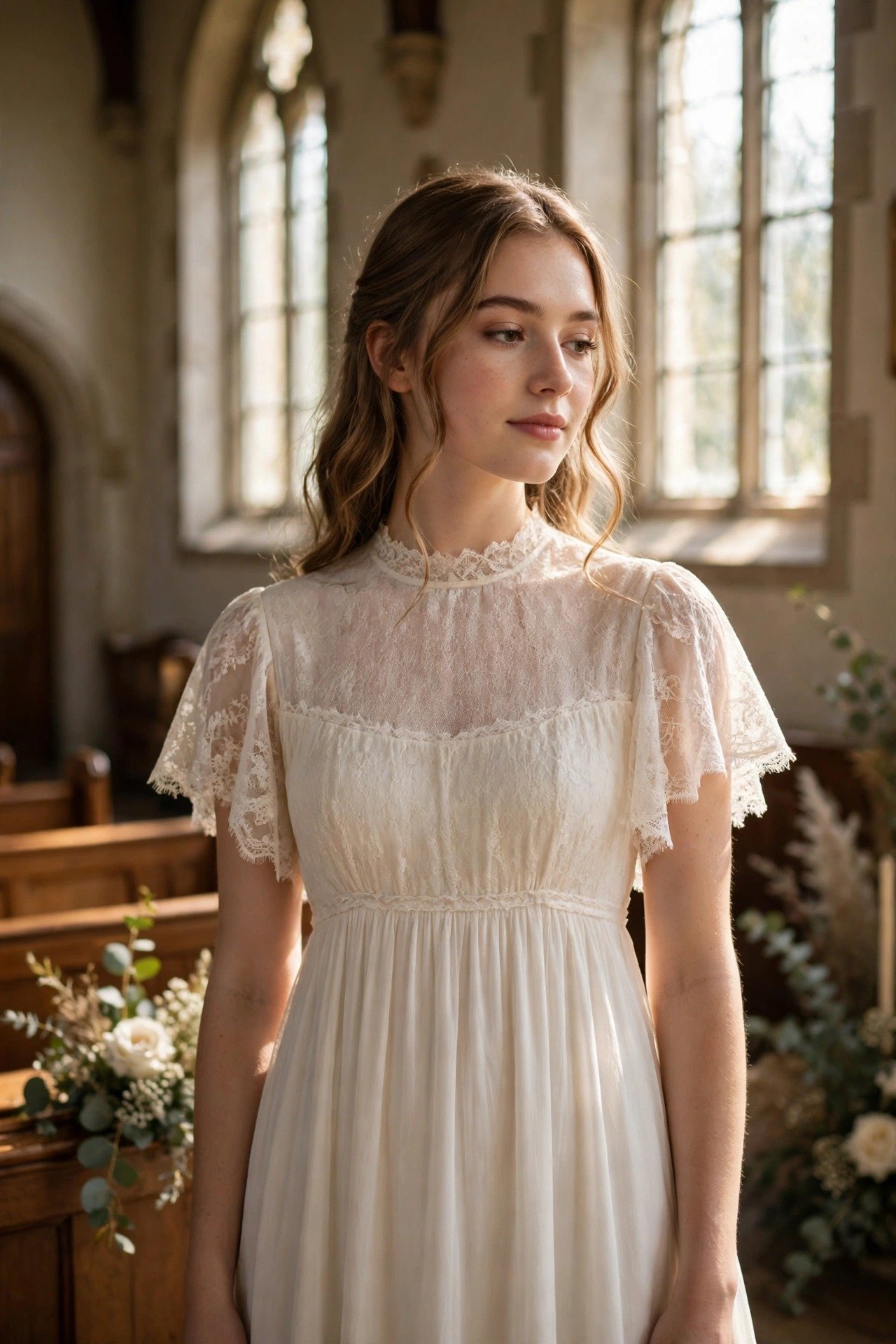 Modest Empire-Waist Gown With Flutter Sleeves — modest church wedding dresses idea for a 2027 wedding