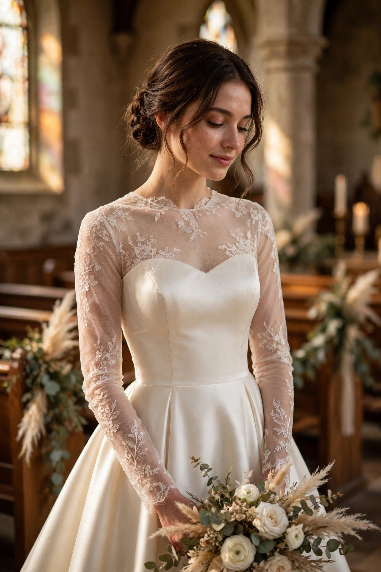 Satin A-Line With a Sheer Illusion Yoke and Long Sleeves — modest church wedding dresses idea for a 2027 wedding
