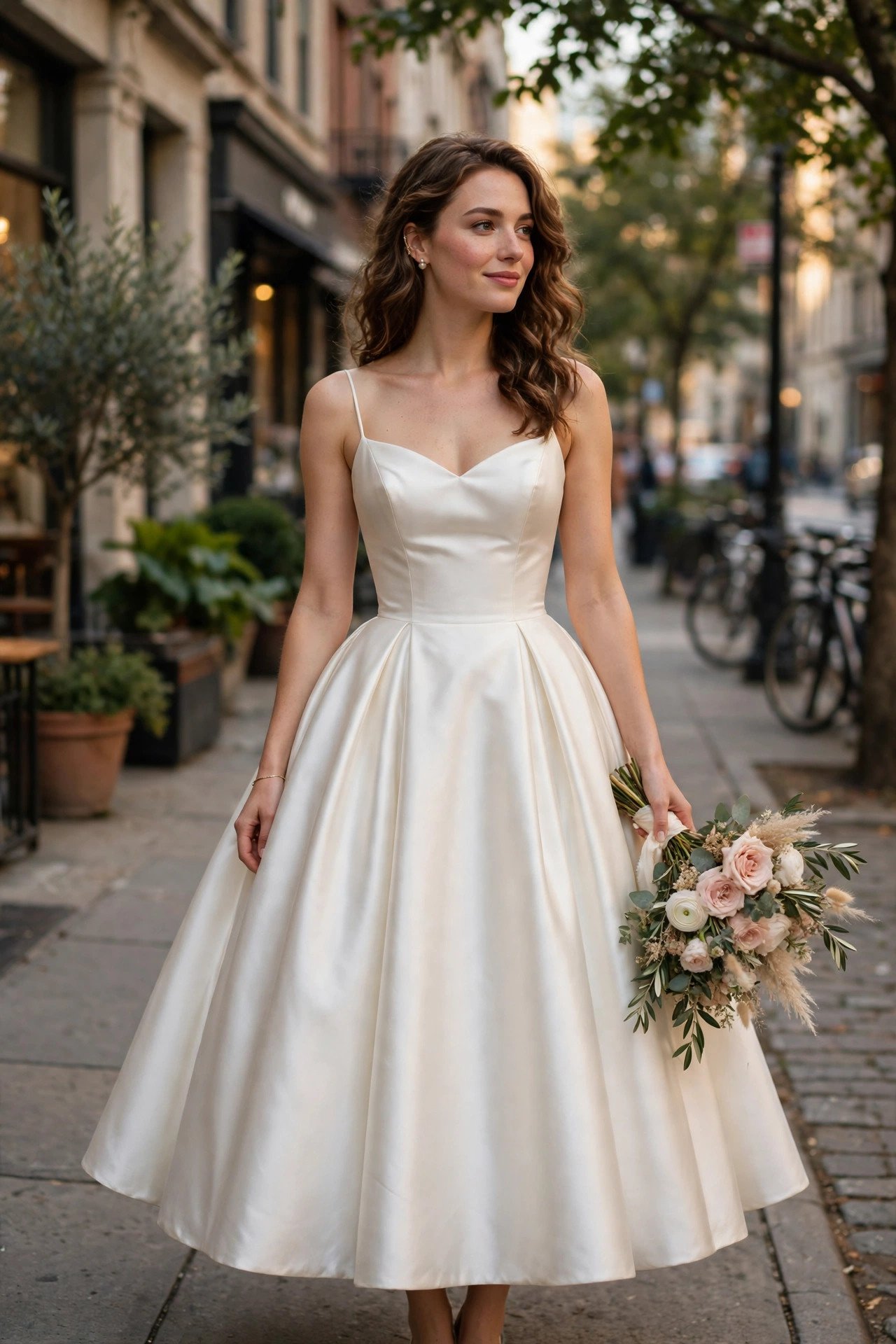 Tea-Length Satin Dress With a Full Skirt — city wedding dresses idea for a 2027 wedding
