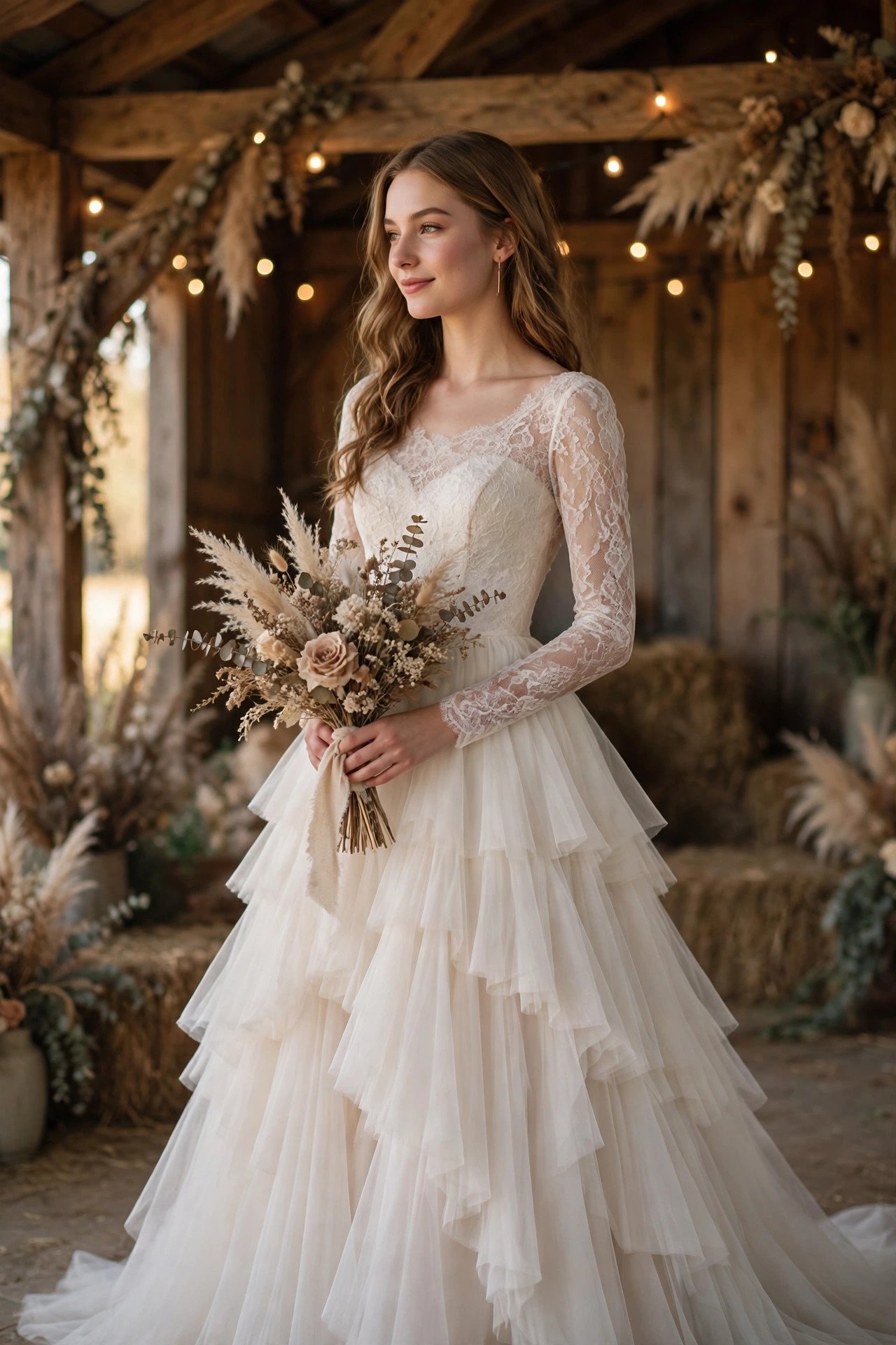 Tiered Skirt Gown With a Fitted Lace Top — barn wedding dresses idea for a 2027 wedding
