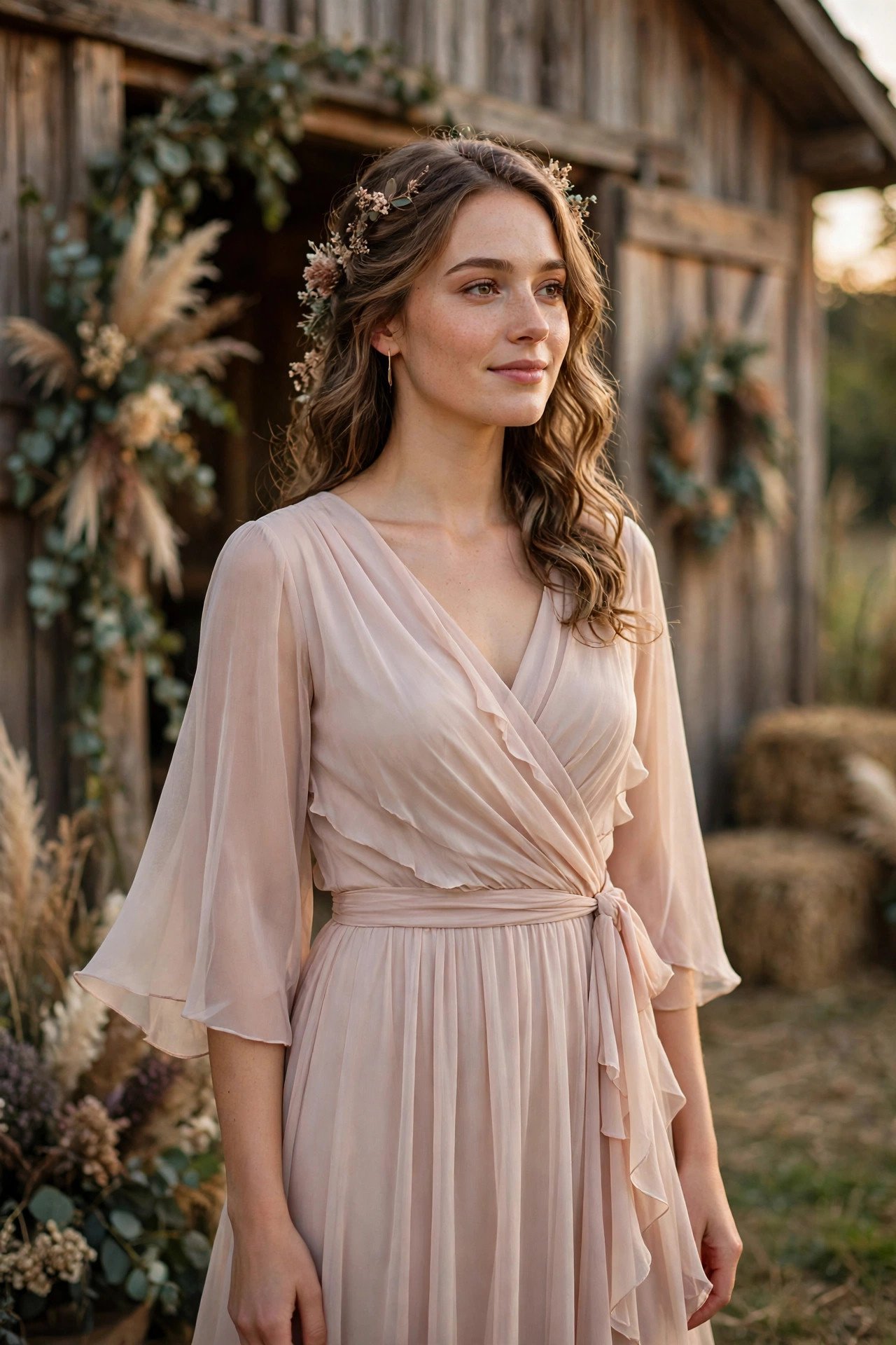 Wrap-Style Chiffon Dress With Three-Quarter Sleeves — barn wedding dresses idea for a 2027 wedding
