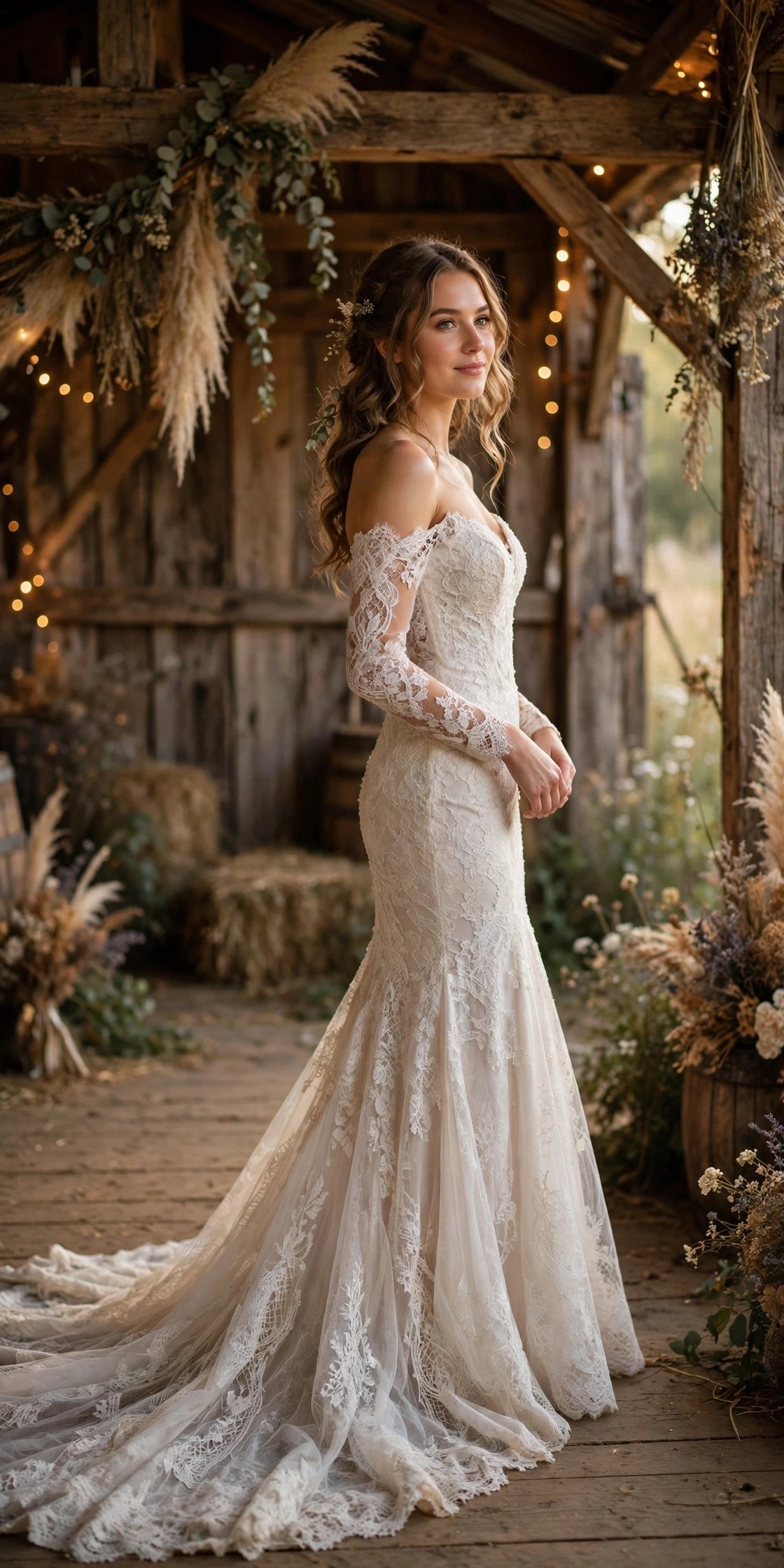 Rustic Lace Mermaid With a Bustle-Friendly Train — barn wedding dresses idea for a 2027 wedding