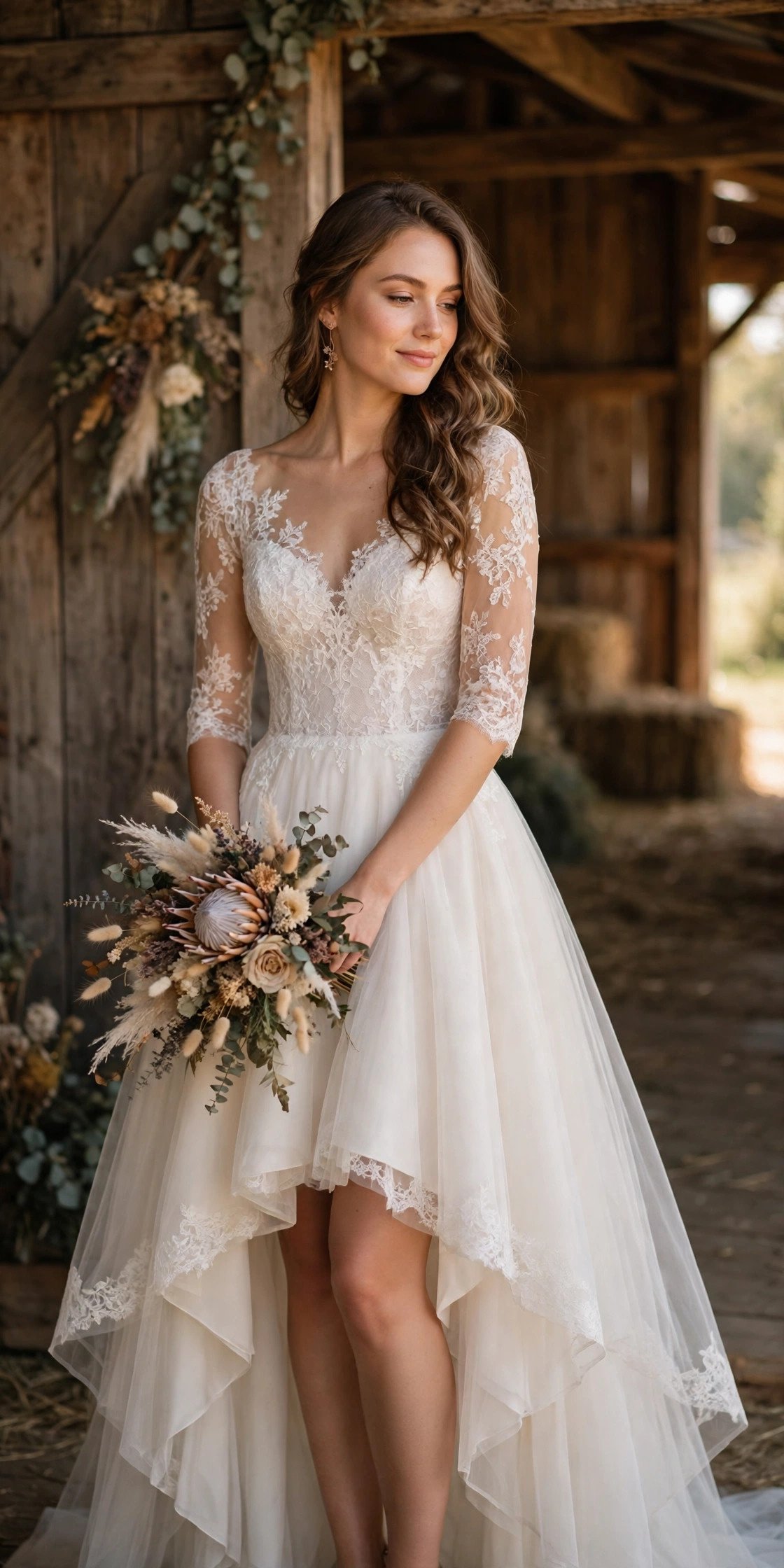 High-Low Hem Gown With a Lace Bodice — barn wedding dresses idea for a 2027 wedding