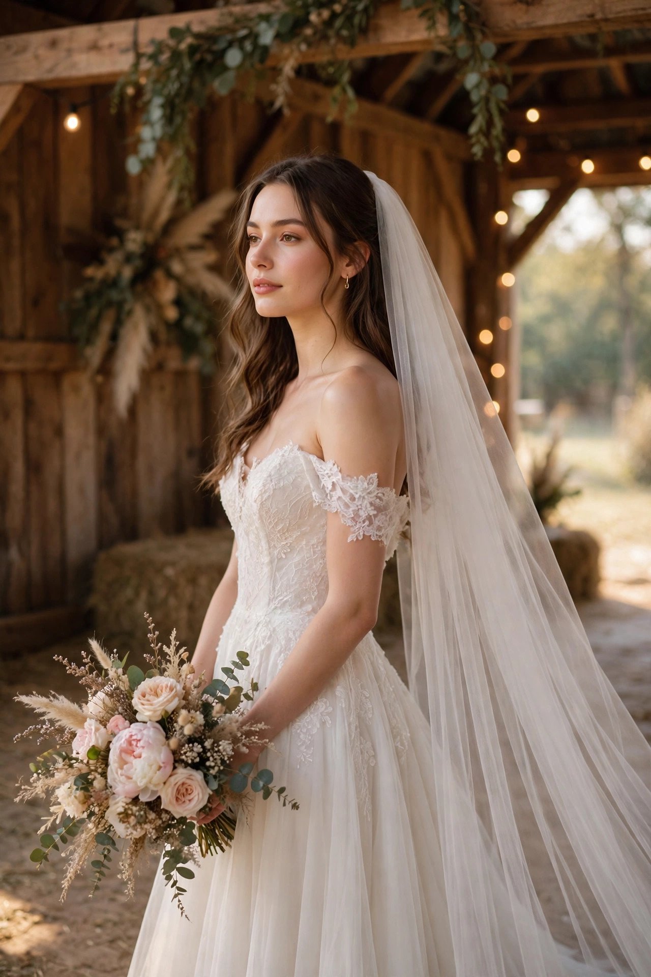 Romantic Off-Shoulder Gown With a Cathedral-Style Veil Pairing — barn wedding dresses idea for a 2027 wedding