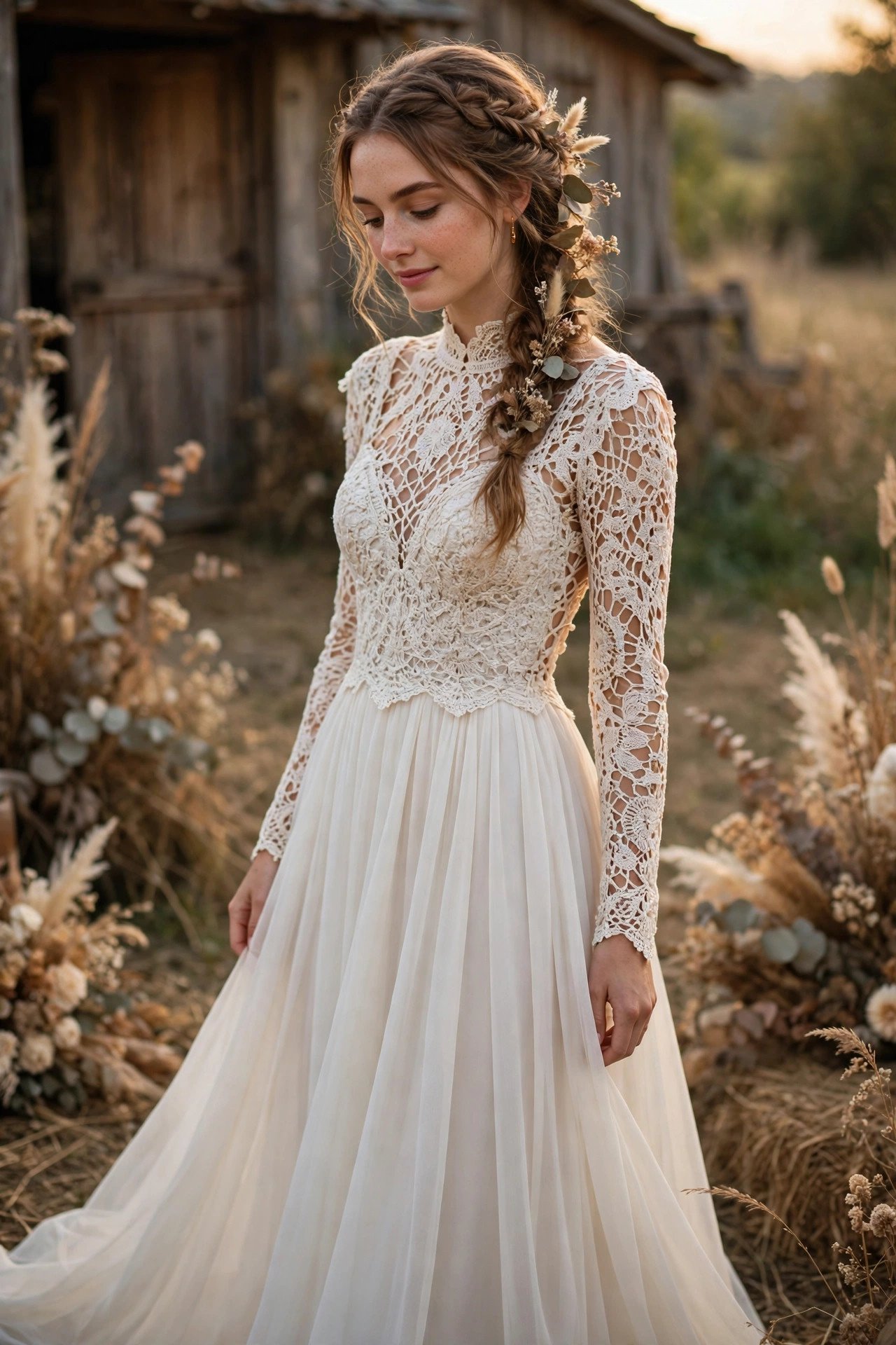 Crochet-Lace Bodice Gown With a Chiffon Skirt — rustic wedding dresses idea for a 2027 wedding