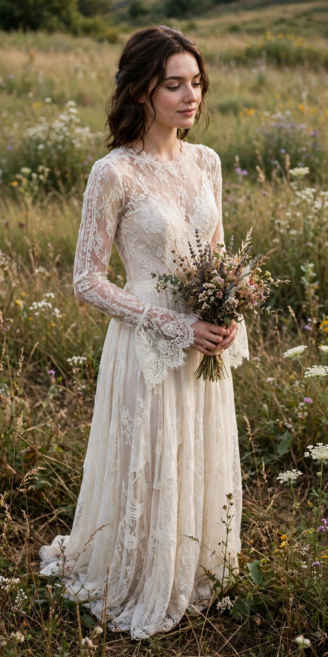 Long-Sleeve Lace Gown With a Prairie Feel — rustic wedding dresses idea for a 2027 wedding