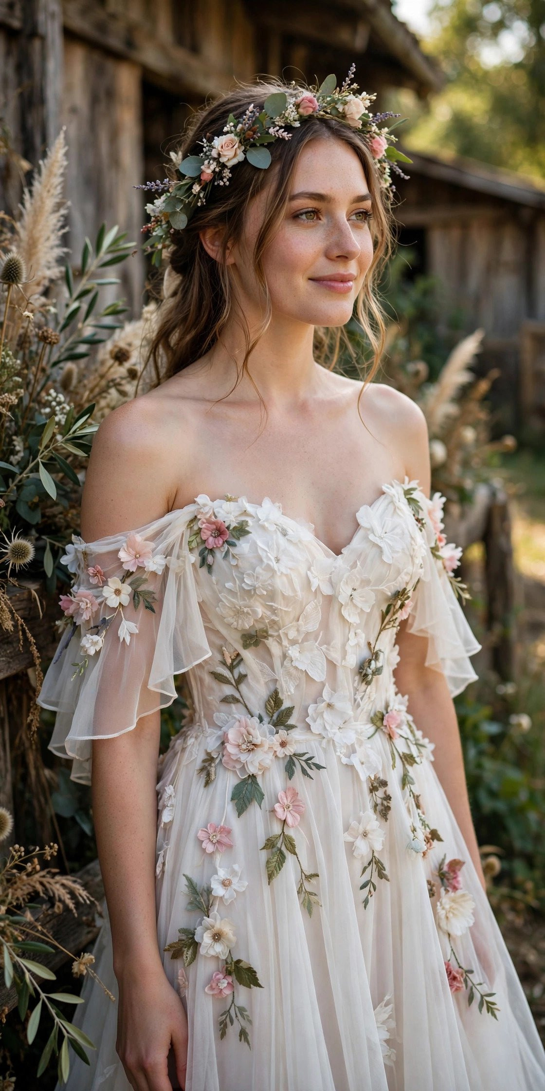 Off-Shoulder Chiffon Gown With Floral Appliqué — rustic wedding dresses idea for a 2027 wedding