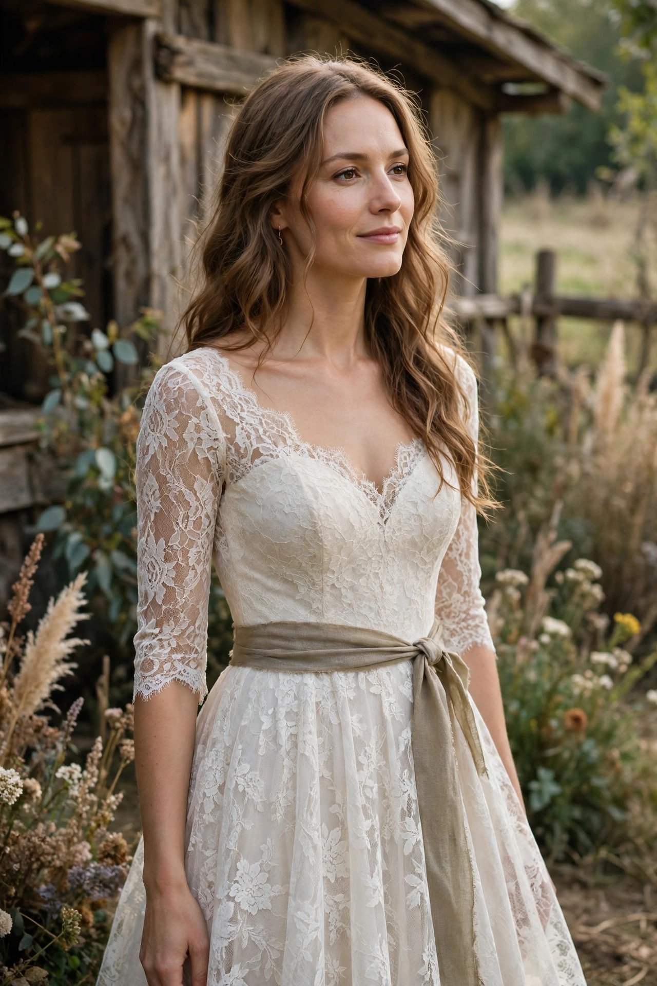 Lace Fit-and-Flare With a Burlap-Tone Sash — rustic wedding dresses idea for a 2027 wedding