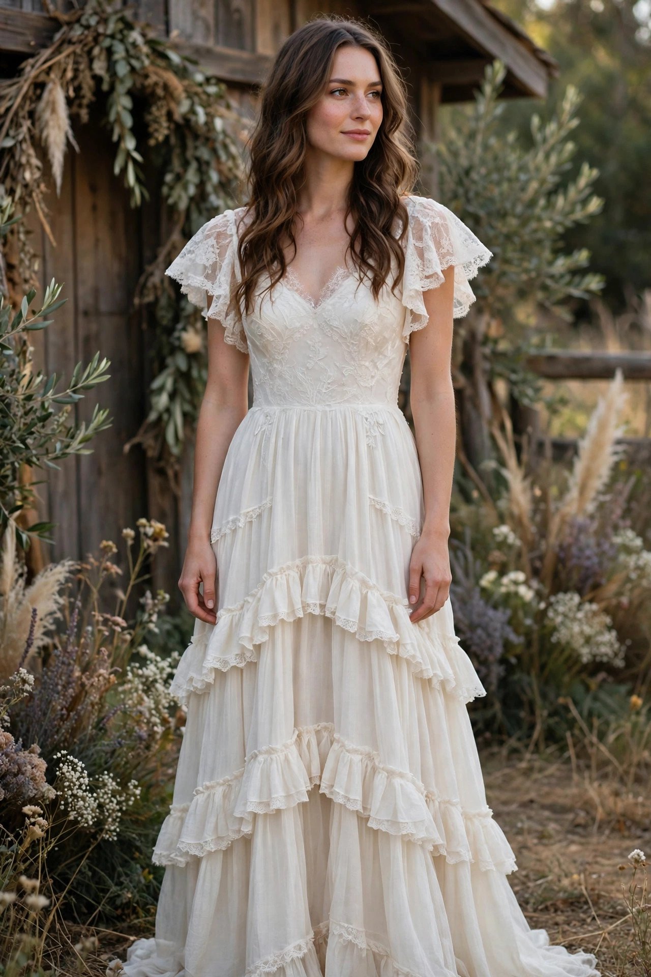 Flutter-Sleeve Maxi With a Tiered Skirt — rustic wedding dresses idea for a 2027 wedding