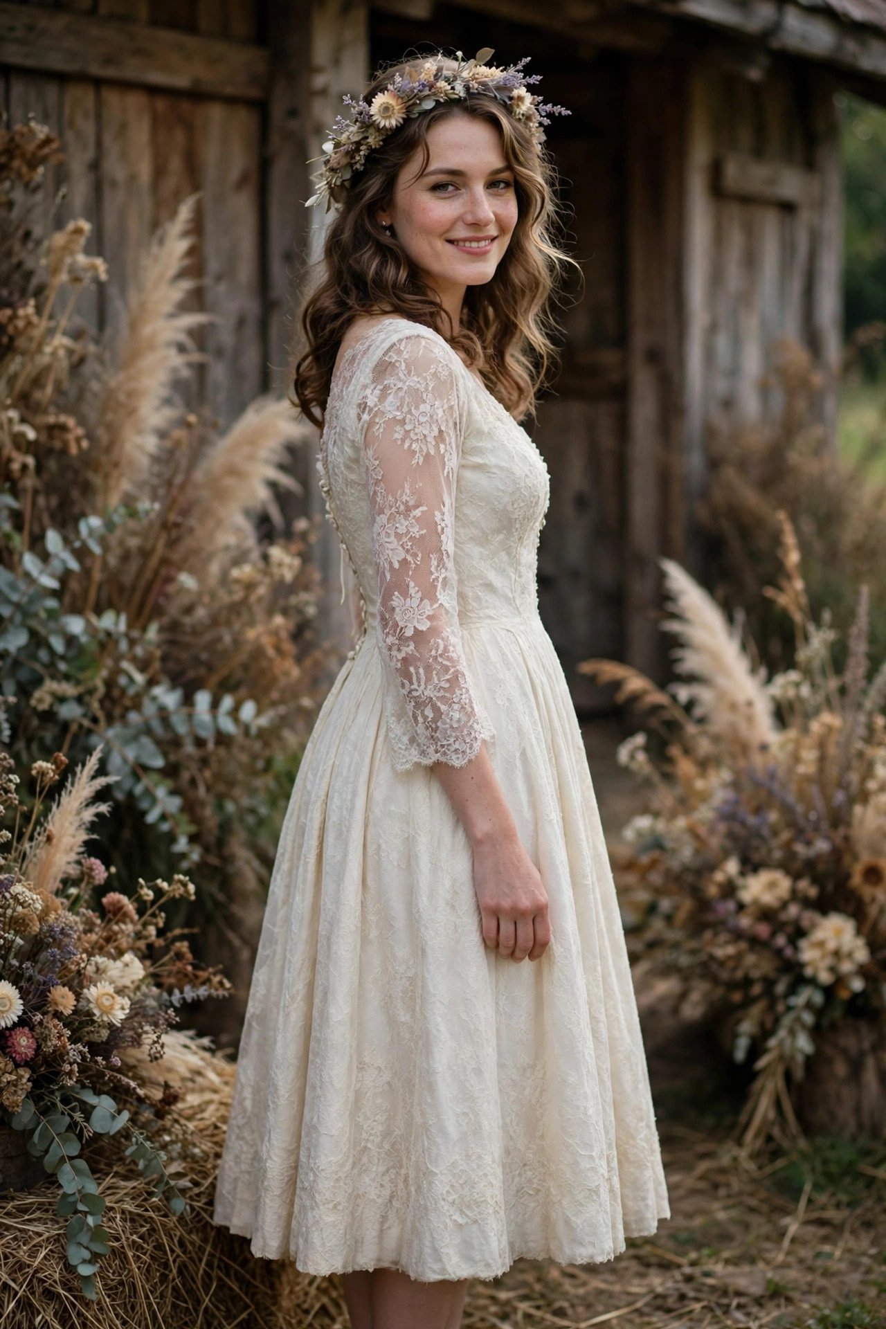 Vintage Tea-Length Dress With Lace Sleeves — rustic wedding dresses idea for a 2027 wedding