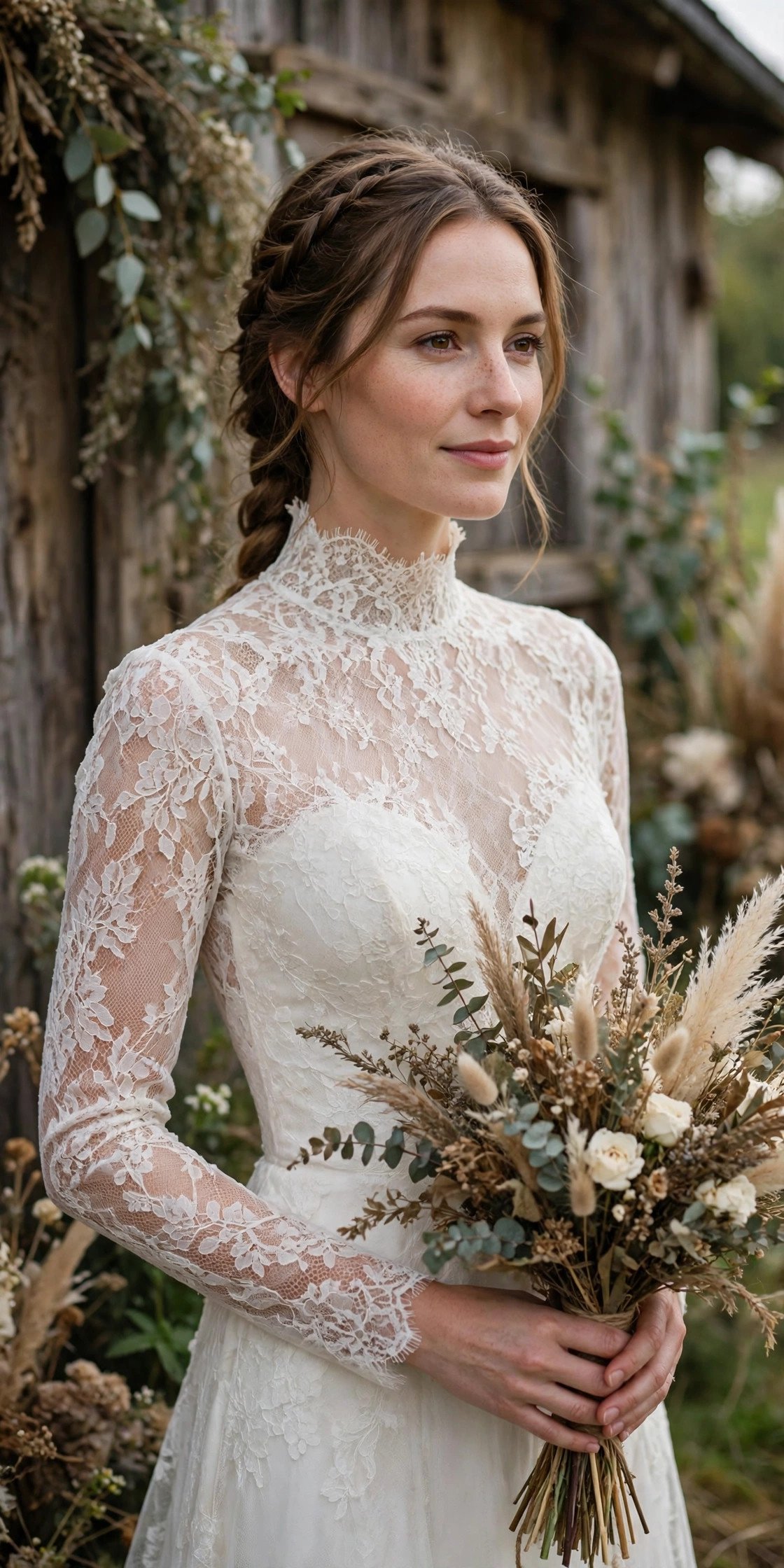 High-Neck Lace Gown With an Open Back — rustic wedding dresses idea for a 2027 wedding