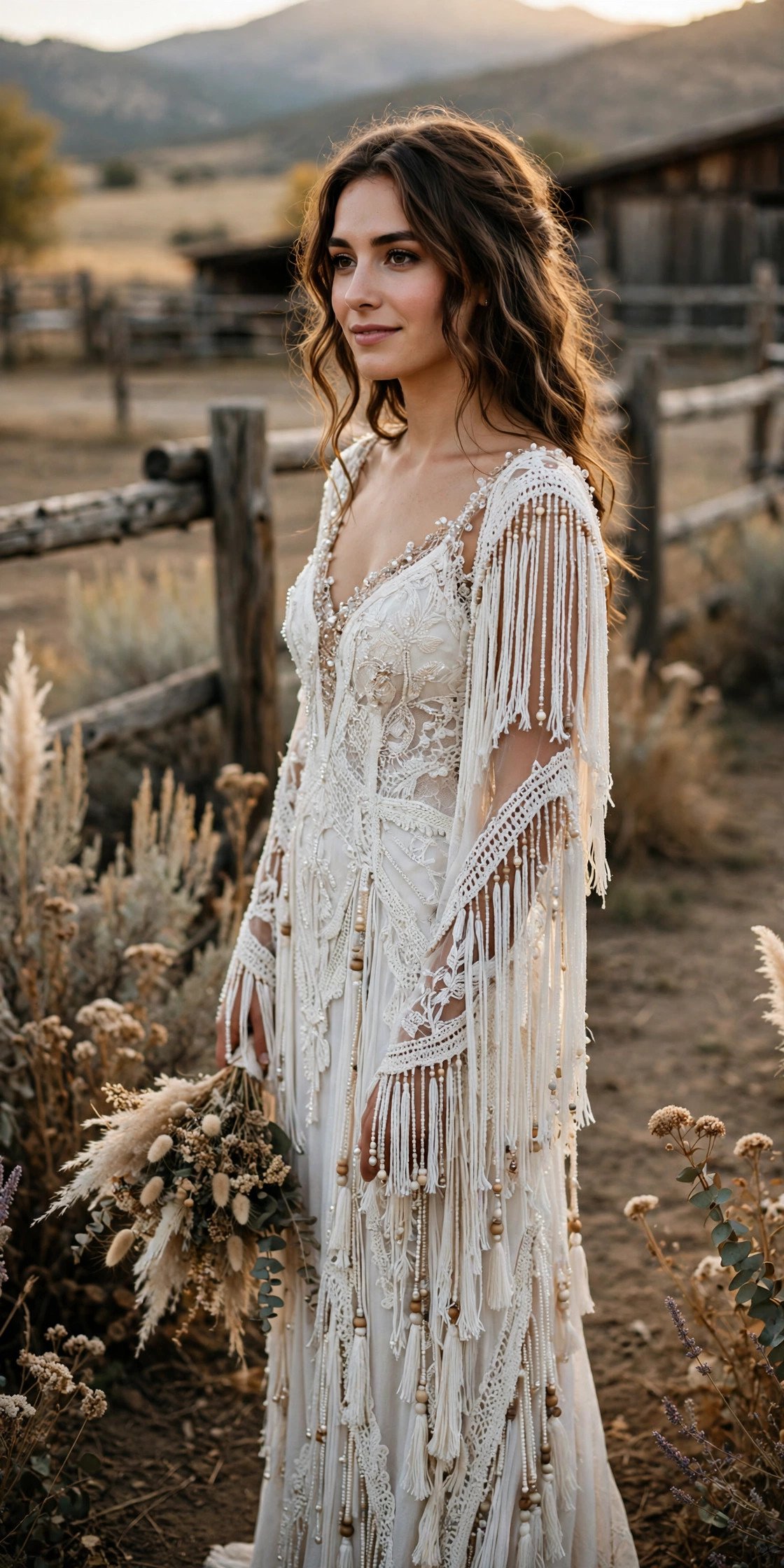 Beaded-Fringe Boho Gown for a Ranch Wedding — rustic wedding dresses idea for a 2027 wedding