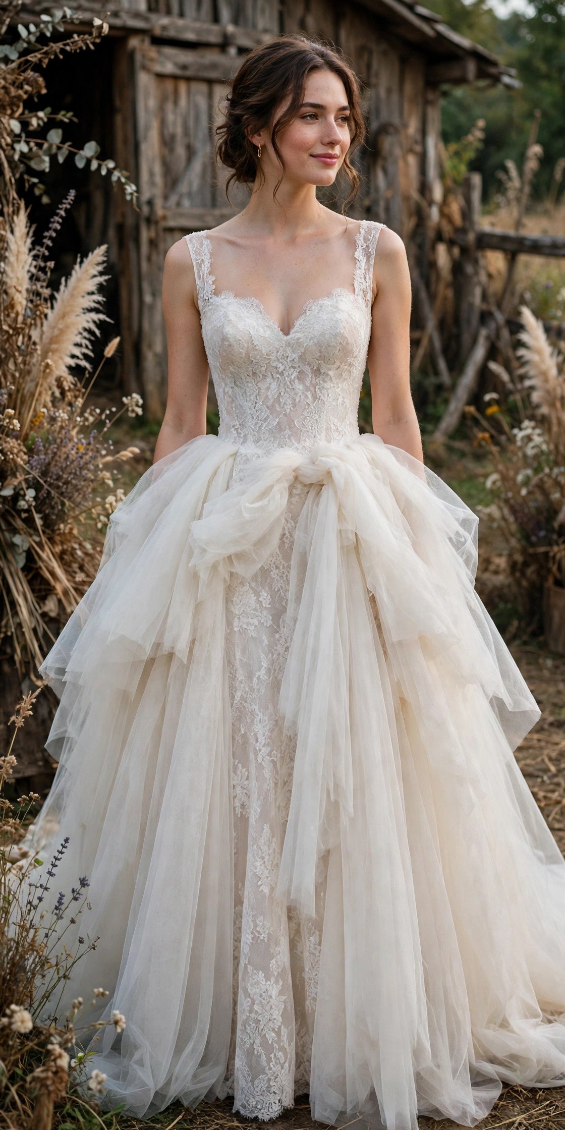 Sweetheart Lace Gown With a Detachable Overskirt — rustic wedding dresses idea for a 2027 wedding