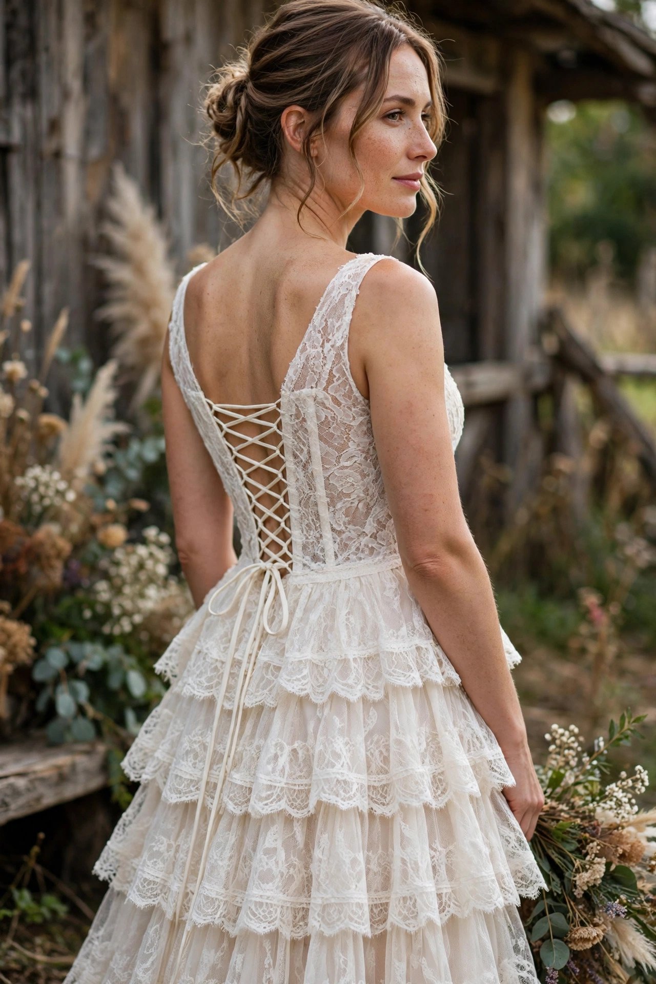 Tiered Lace Gown With a Corset Back — rustic wedding dresses idea for a 2027 wedding