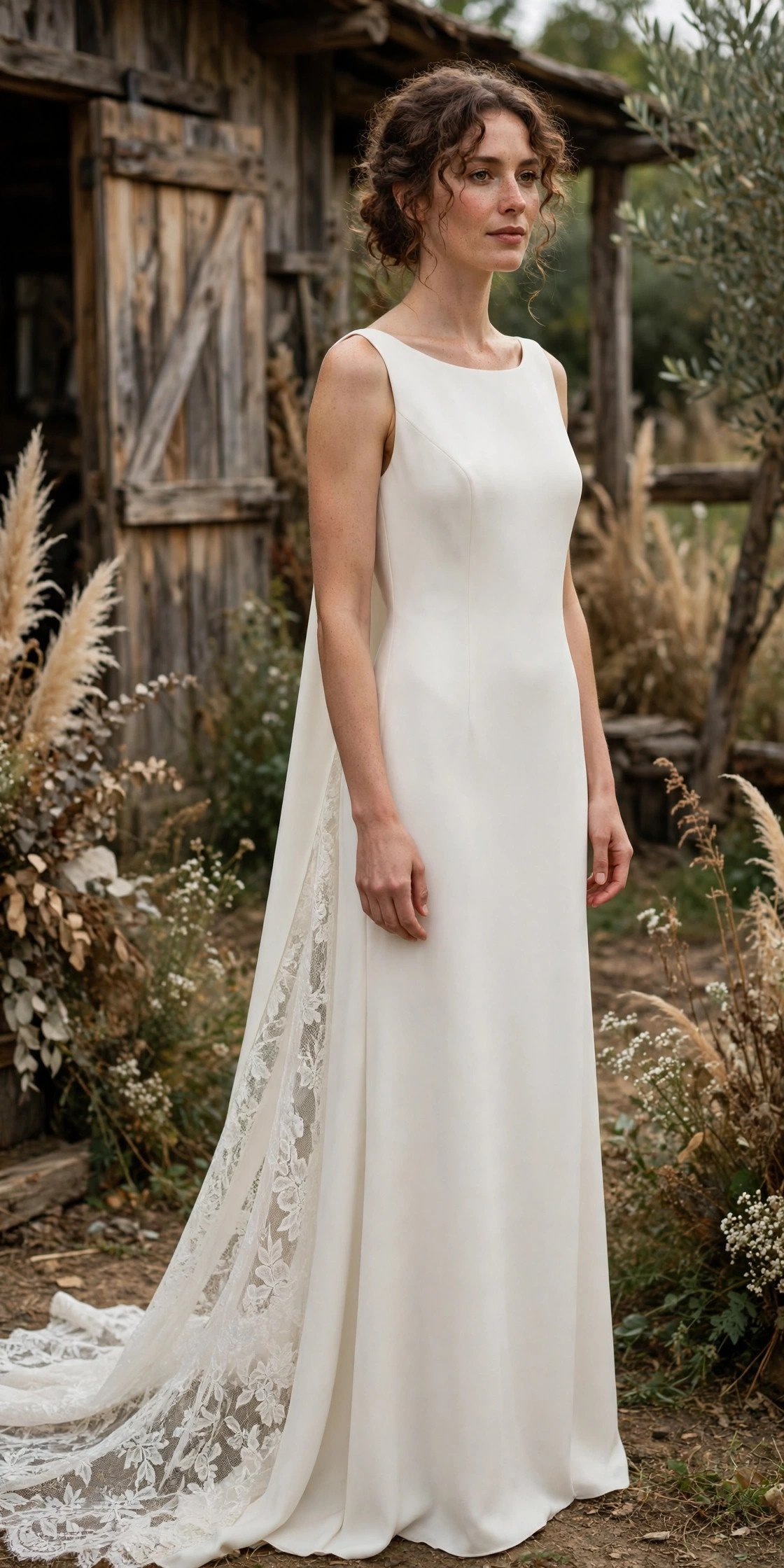 Minimalist Crepe Gown With a Lace Train Panel — rustic wedding dresses idea for a 2027 wedding