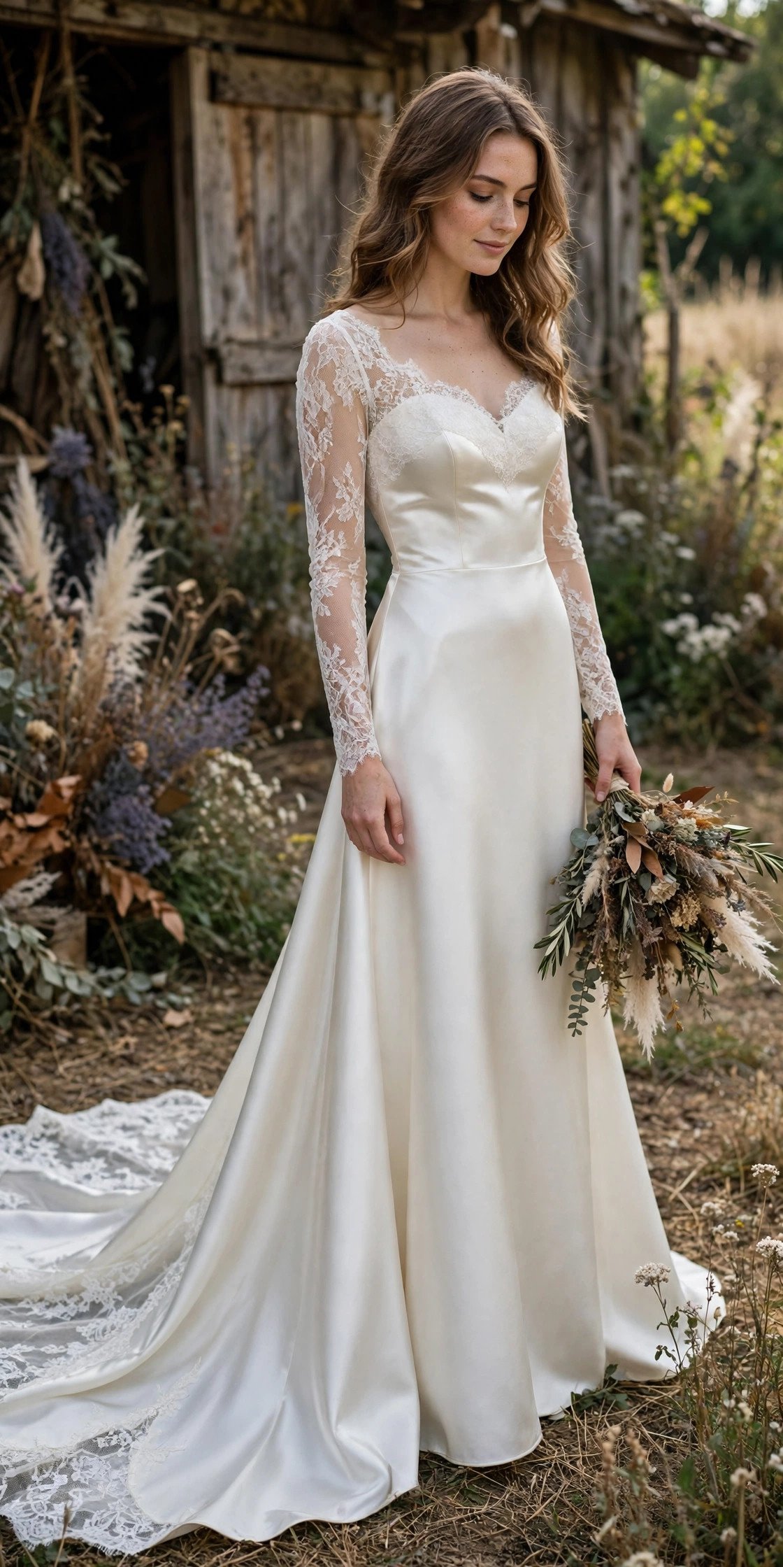 Satin-and-Lace Combo Gown With a Sweep Train — rustic wedding dresses idea for a 2027 wedding