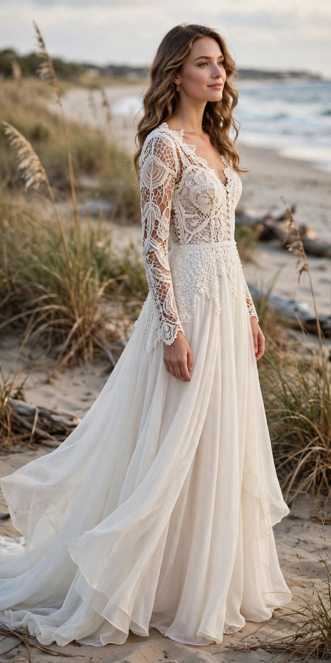 Crochet Lace A-Line With a Flowing Chiffon Skirt — boho beach wedding dresses idea for a 2027 wedding