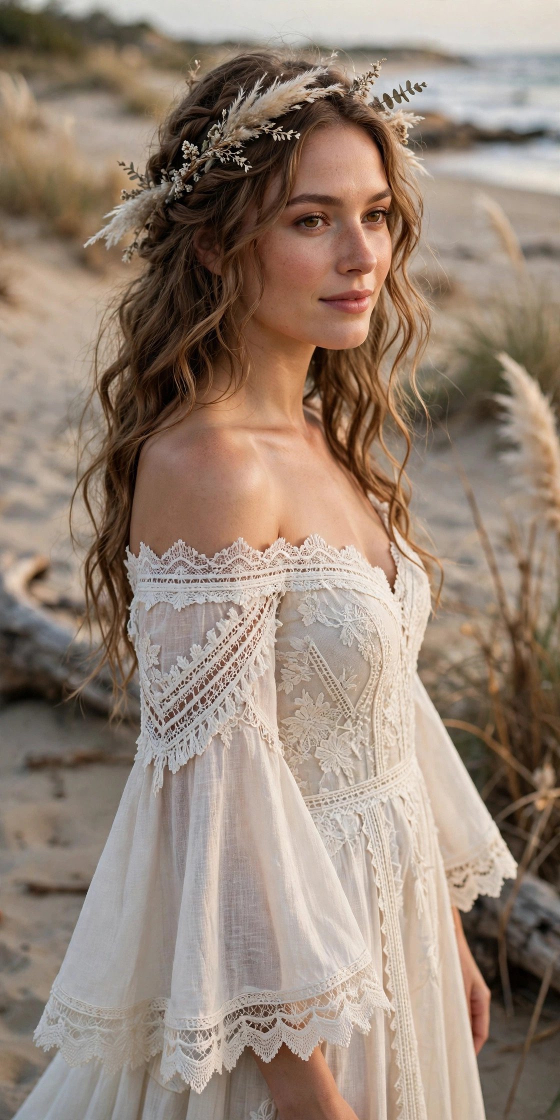 Off-the-Shoulder Gown With Bell Sleeves and Lace Trim — boho beach wedding dresses idea for a 2027 wedding