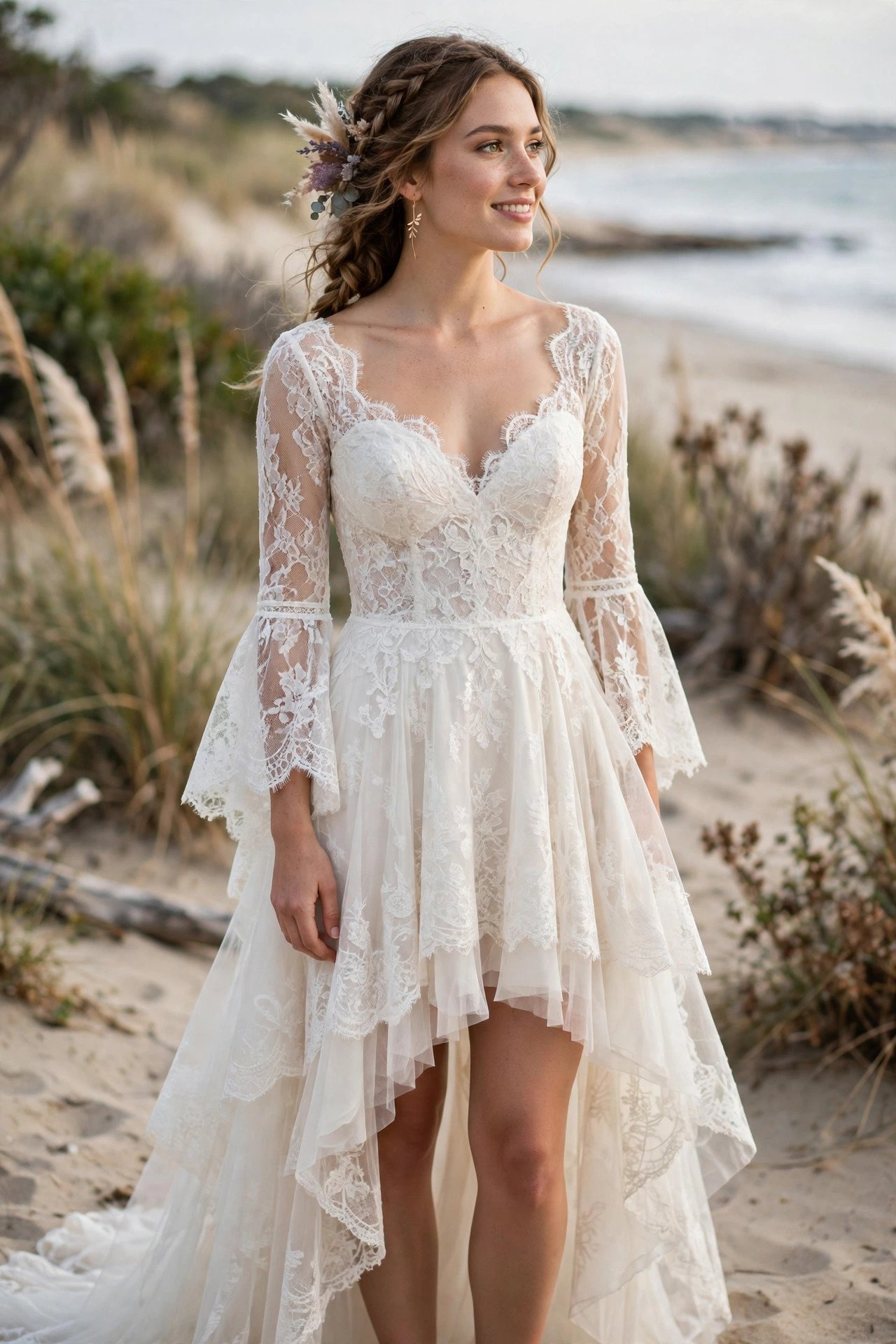 High-Low Hem Gown With Lace Bodice — boho beach wedding dresses idea for a 2027 wedding