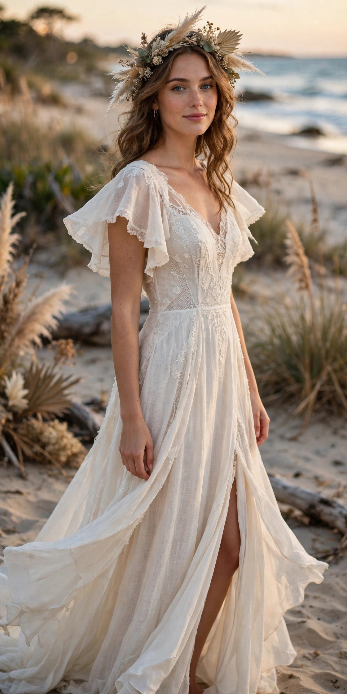 Flutter-Sleeve Gown With a Flowing Skirt and Slit — boho beach wedding dresses idea for a 2027 wedding