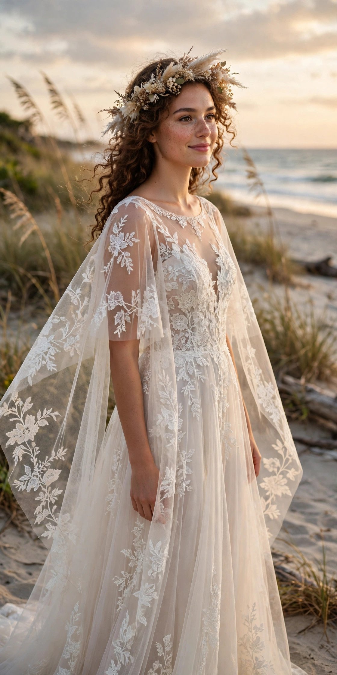 Sheer Cape-Sleeve Gown With Lace Appliqué — boho beach wedding dresses idea for a 2027 wedding