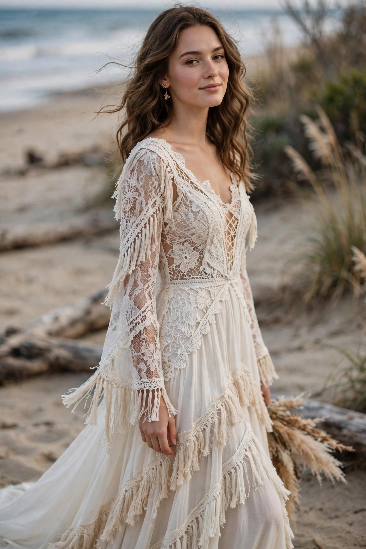 Boho Gown With Mixed Lace and Fringe Details — boho beach wedding dresses idea for a 2027 wedding