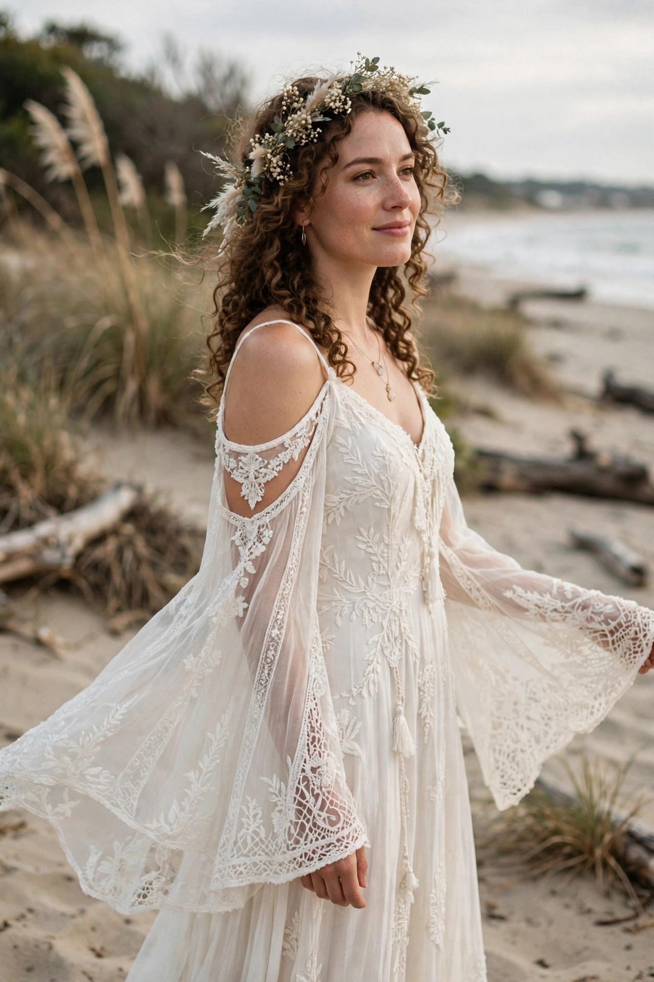 Cold-Shoulder Gown With Flowing Sleeves — boho beach wedding dresses idea for a 2027 wedding