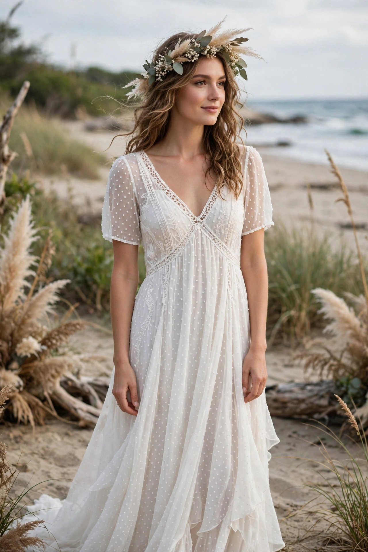 Dotted Swiss Chiffon Gown With Short Sleeves — boho beach wedding dresses idea for a 2027 wedding