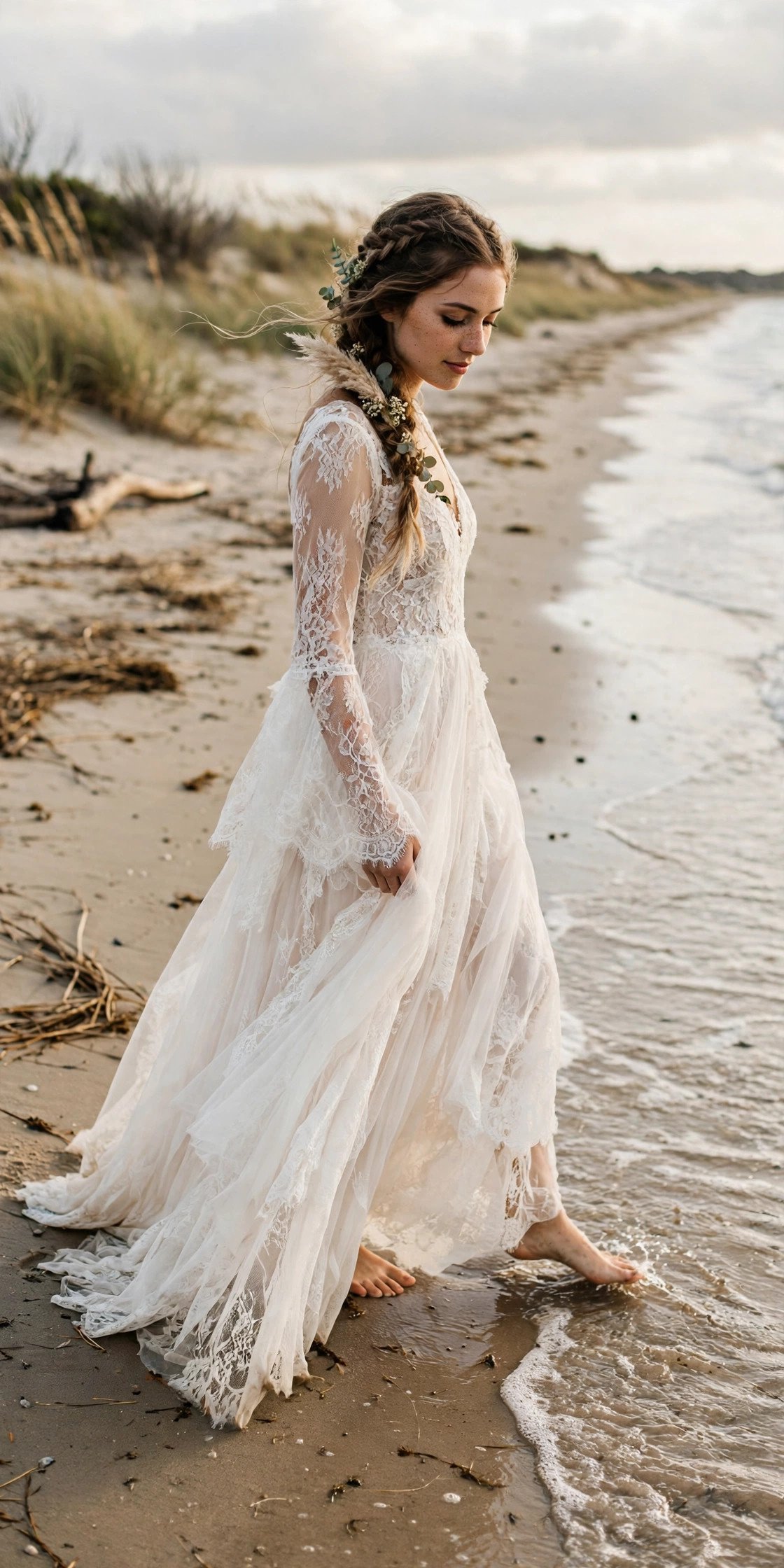 Bride in a flowing boho lace wedding dress walking barefoot along the shoreline