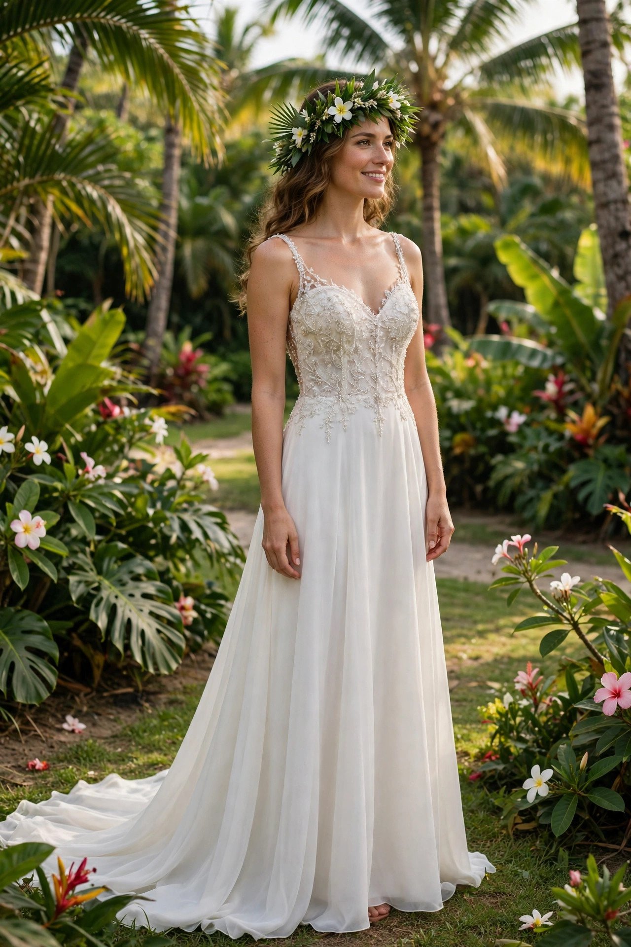 Beaded-Top Gown With a Plain Flowing Skirt — tropical wedding dresses idea for a 2027 wedding