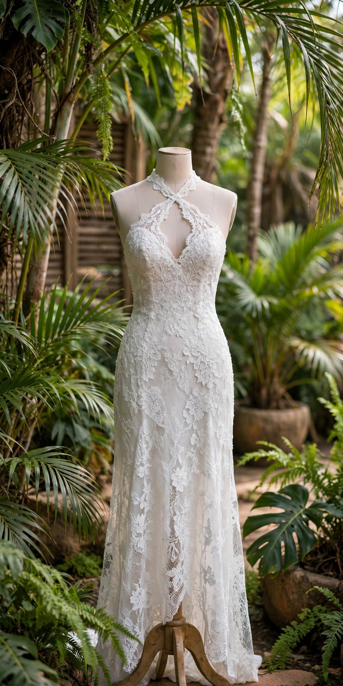 Backless Halter Gown With Lace Details — tropical wedding dresses idea for a 2027 wedding