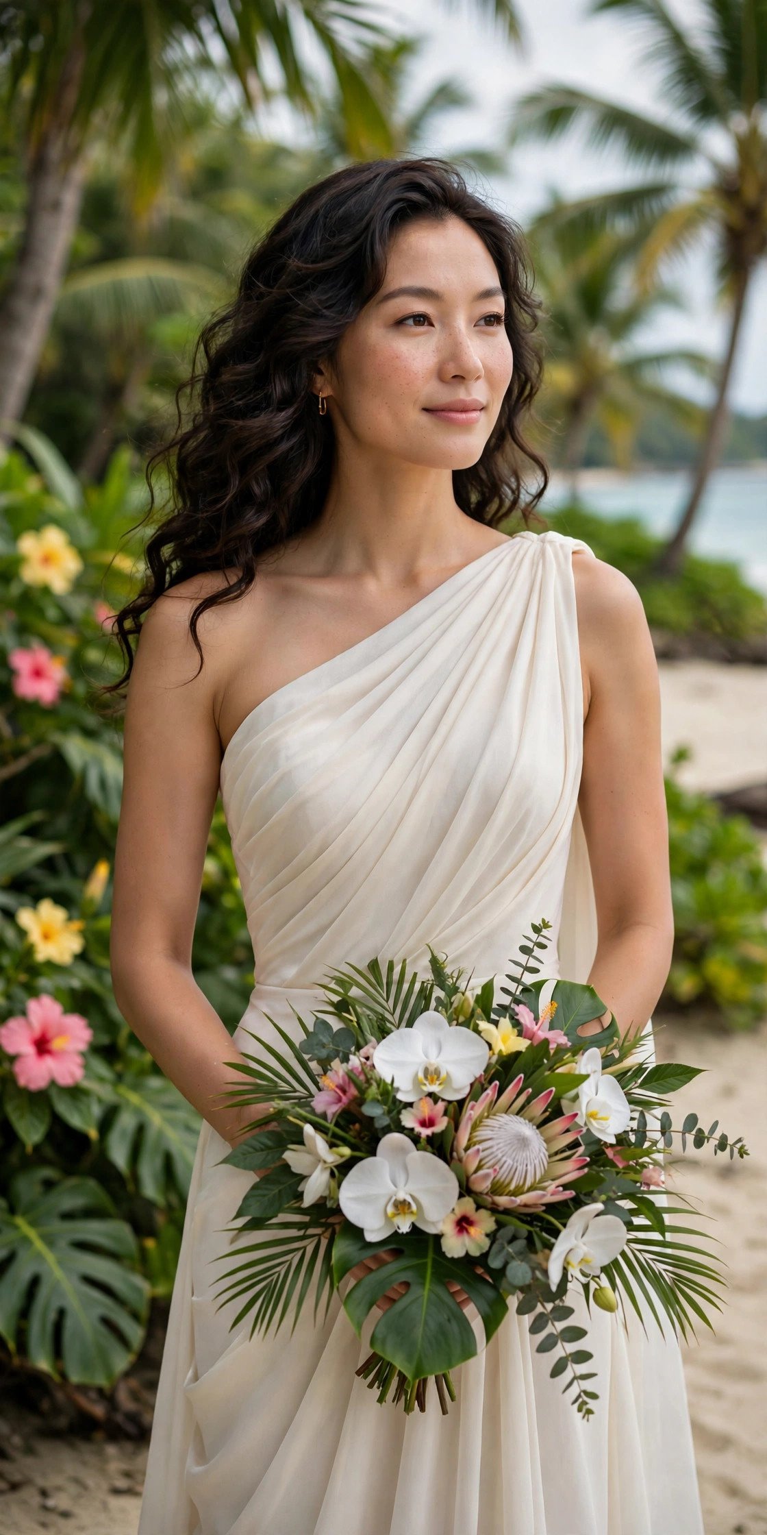 One-Shoulder Draped Gown With Island Elegance — tropical wedding dresses idea for a 2027 wedding