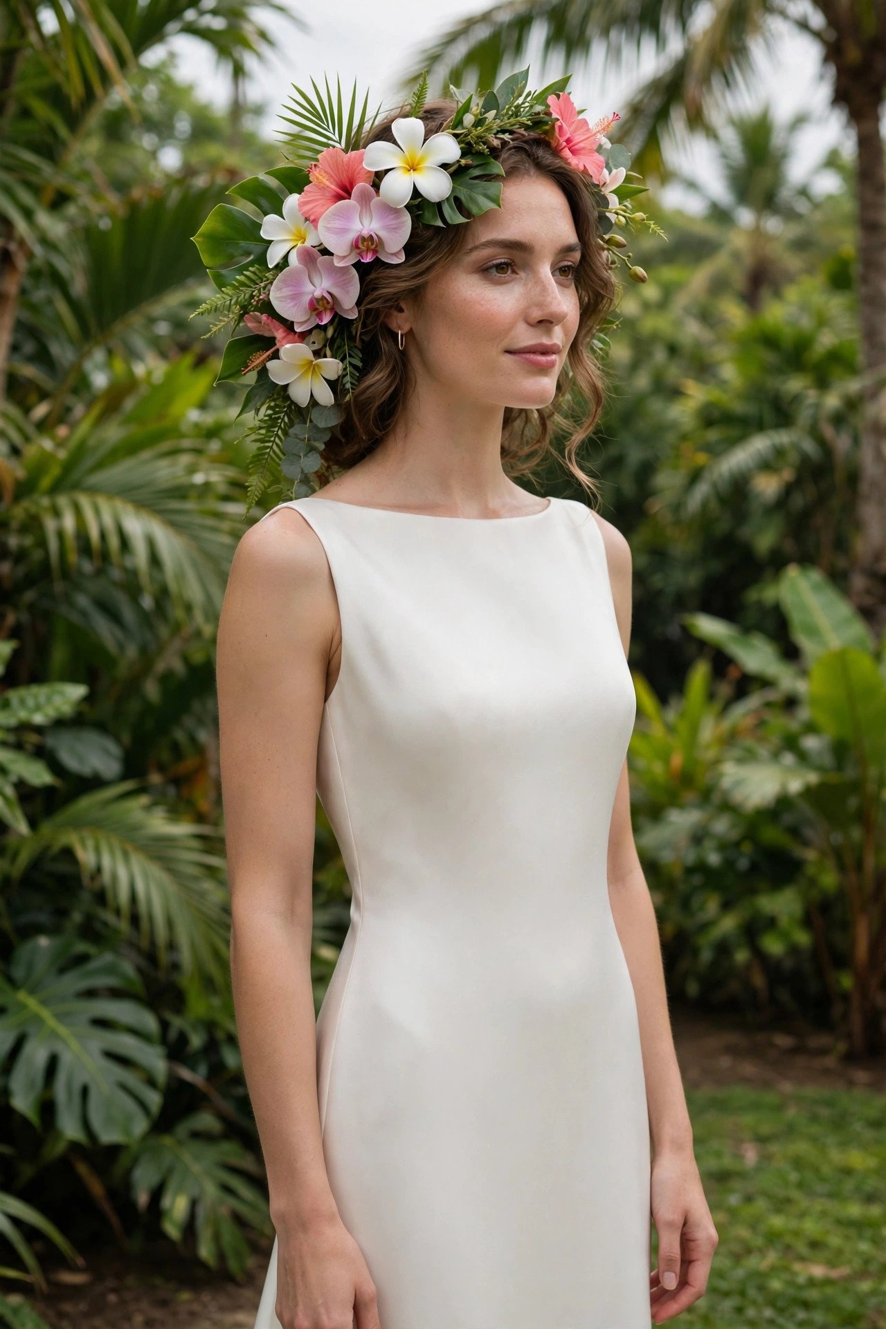 Minimalist Column Gown With Tropical Flower Hair Pairing — tropical wedding dresses idea for a 2027 wedding