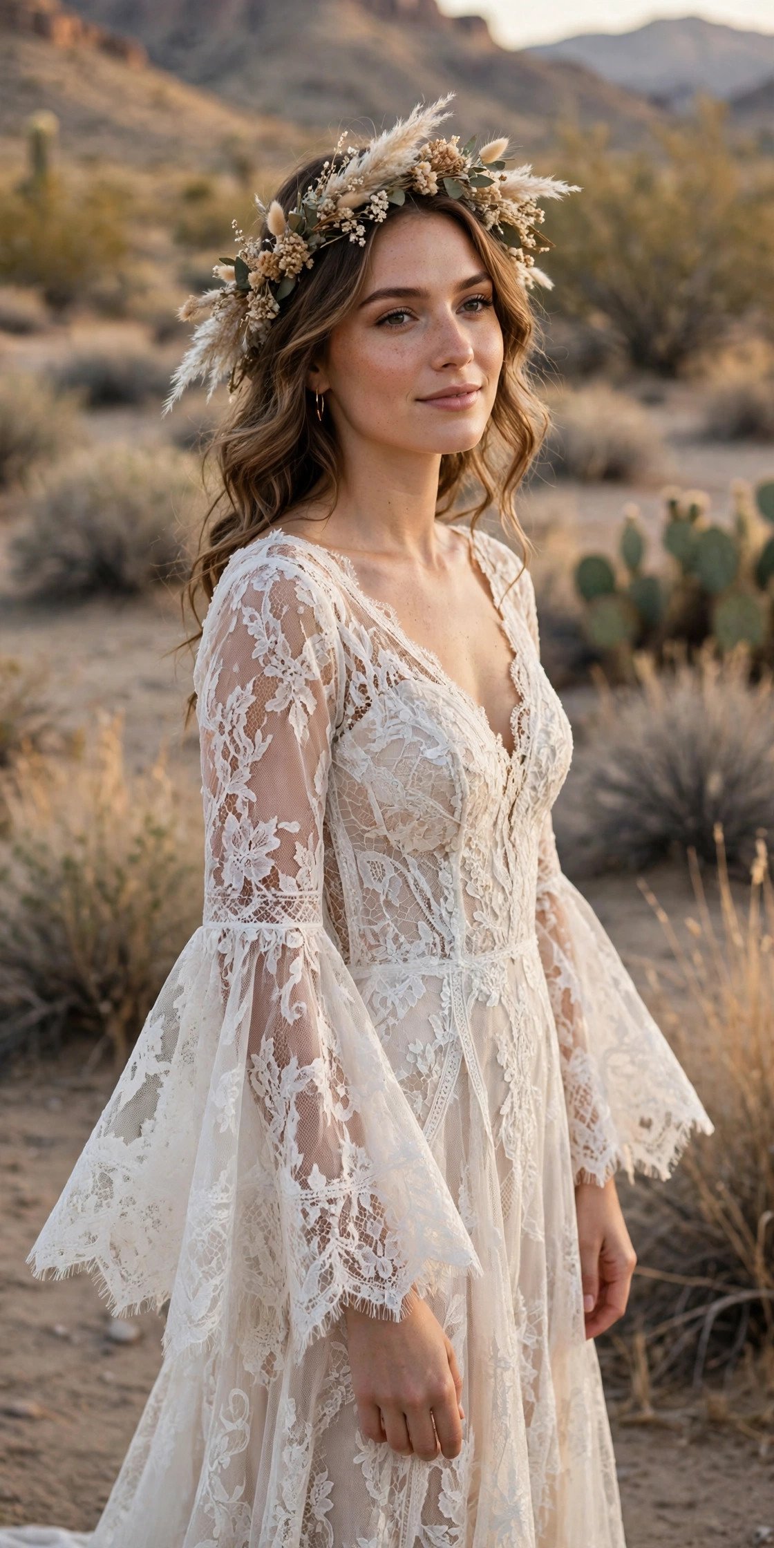 Boho Lace Gown With Bell Sleeves — desert wedding dresses idea for a 2027 wedding